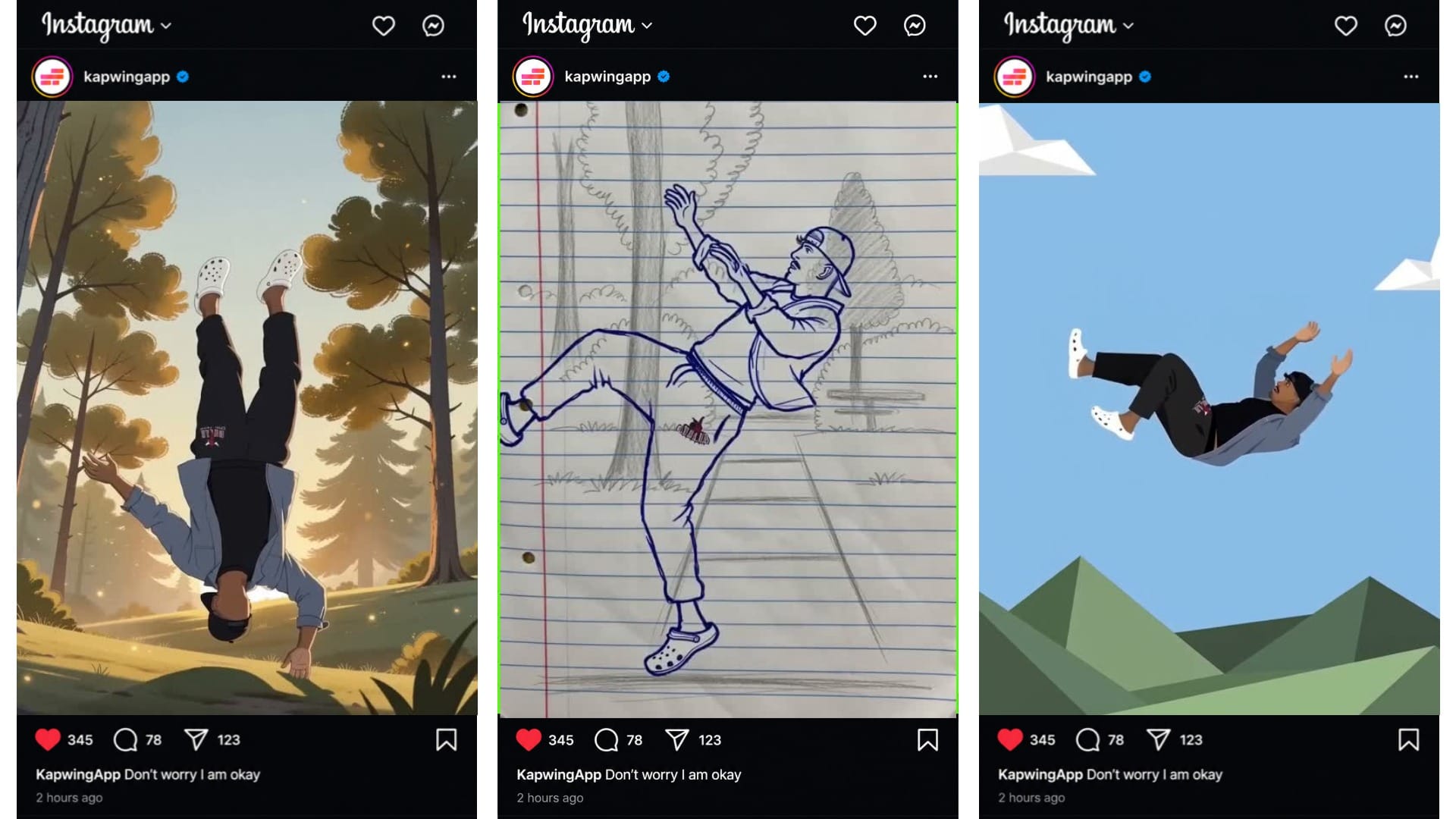 Three Instagram-style post mockups containing different AI falling scenes, used to create a continuous scrolling Instagram feed effect in Kapwing.