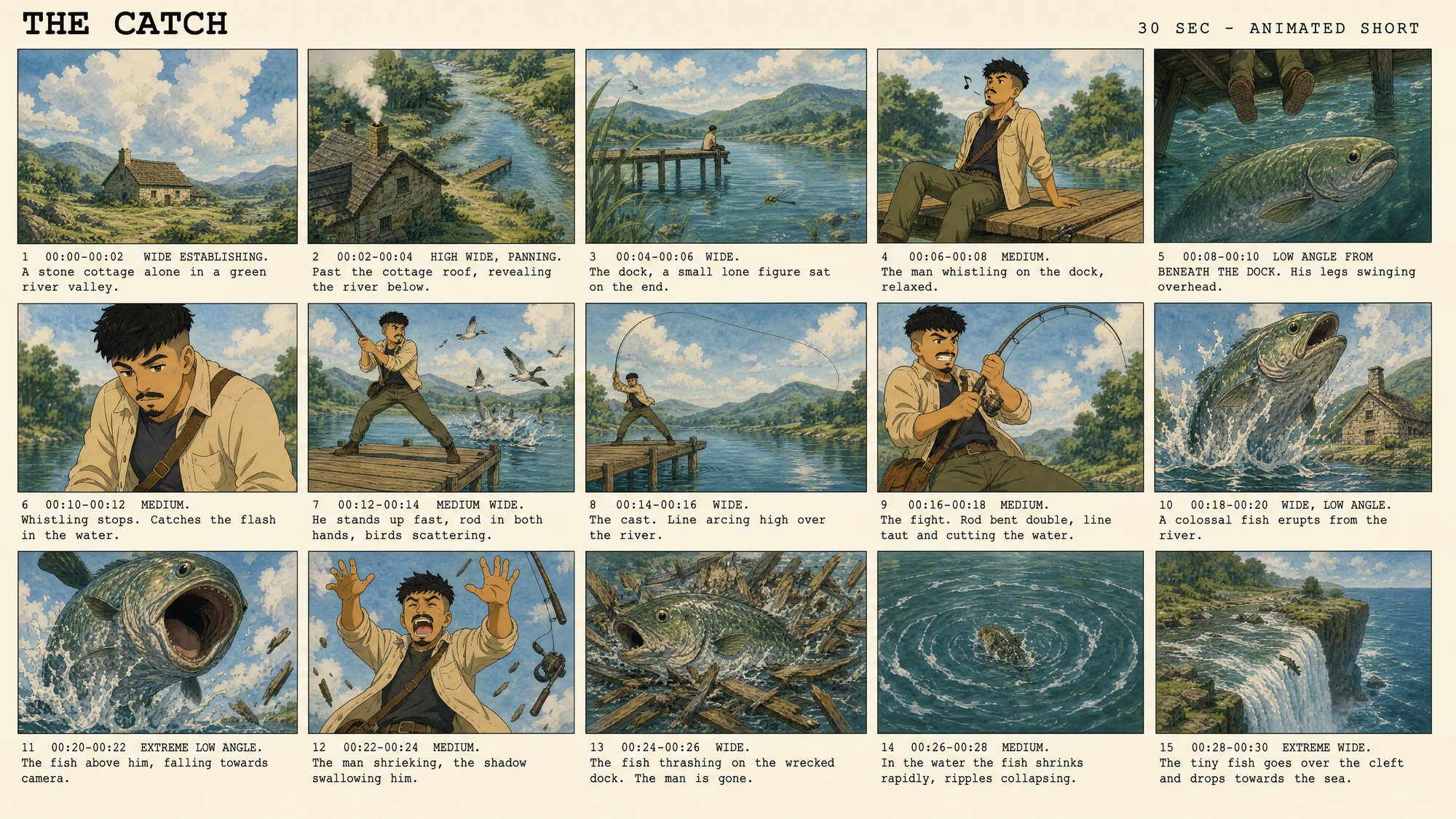 15-panel anime storyboard showing a fishing sequence used as a reference for Seedance 2.5