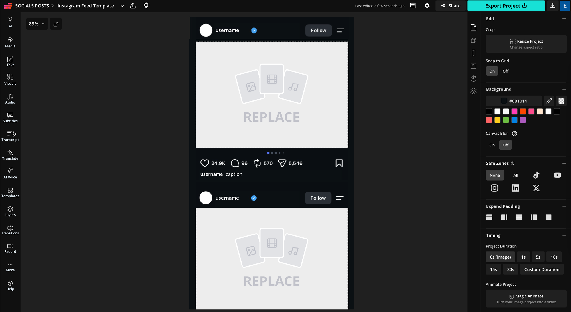 Kapwing Instagram feed template for creating the AI food drip effect with two stacked Instagram posts.