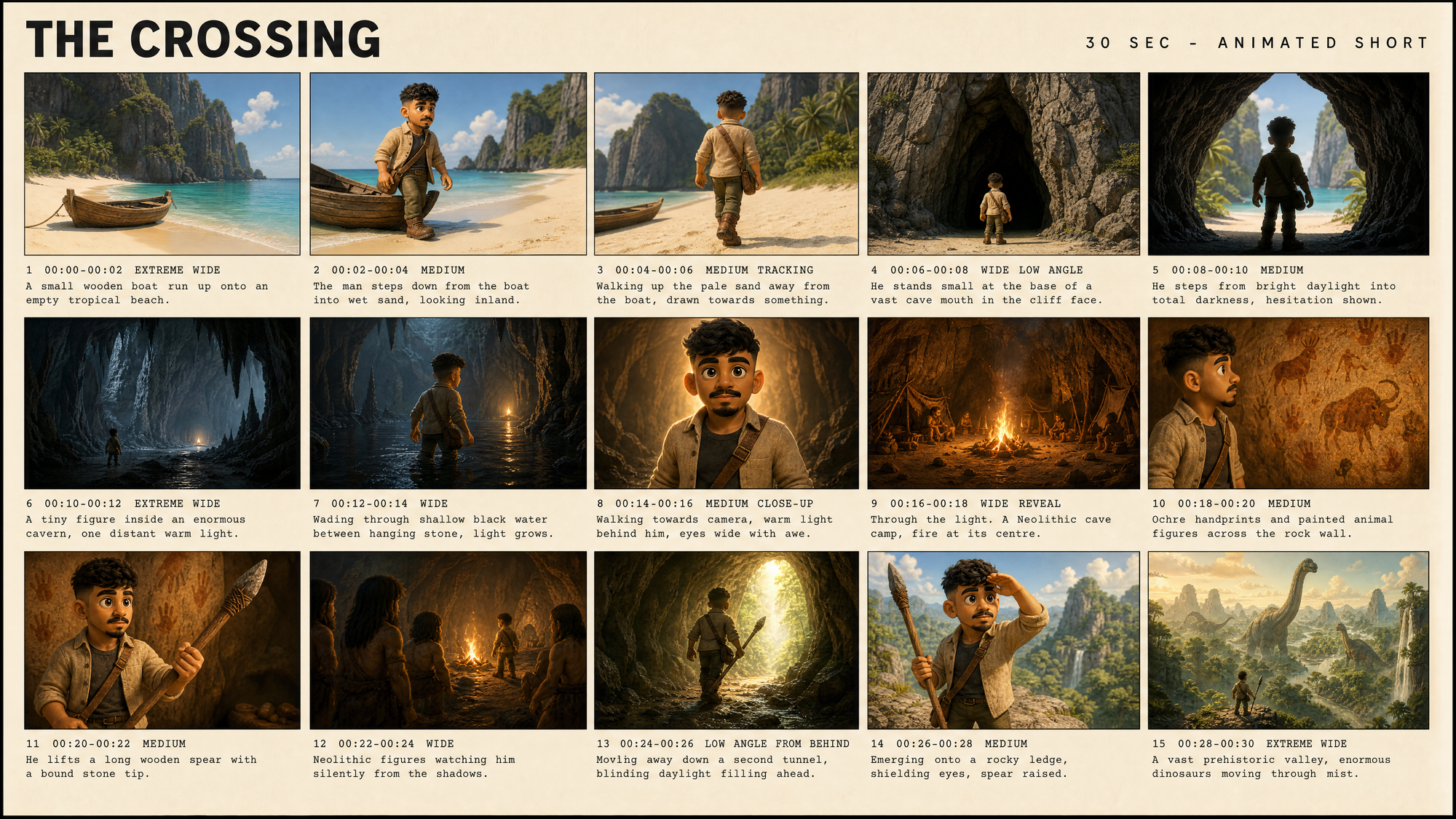 15-panel stylized 3D storyboard showing a character exploring an island and discovering a hidden cave