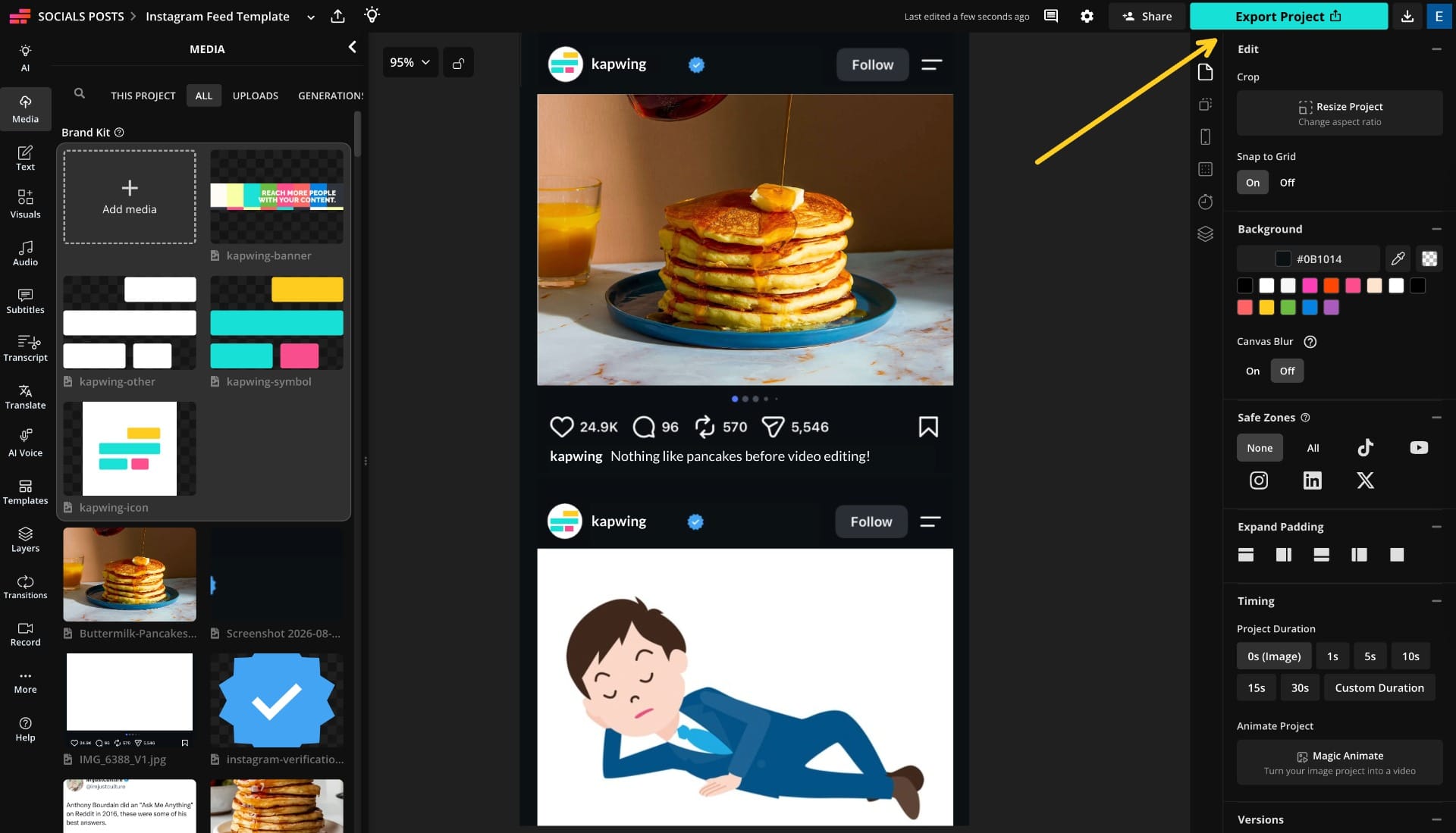 Exporting a completed Instagram feed in Kapwing before creating an AI cross-post food drip animation.