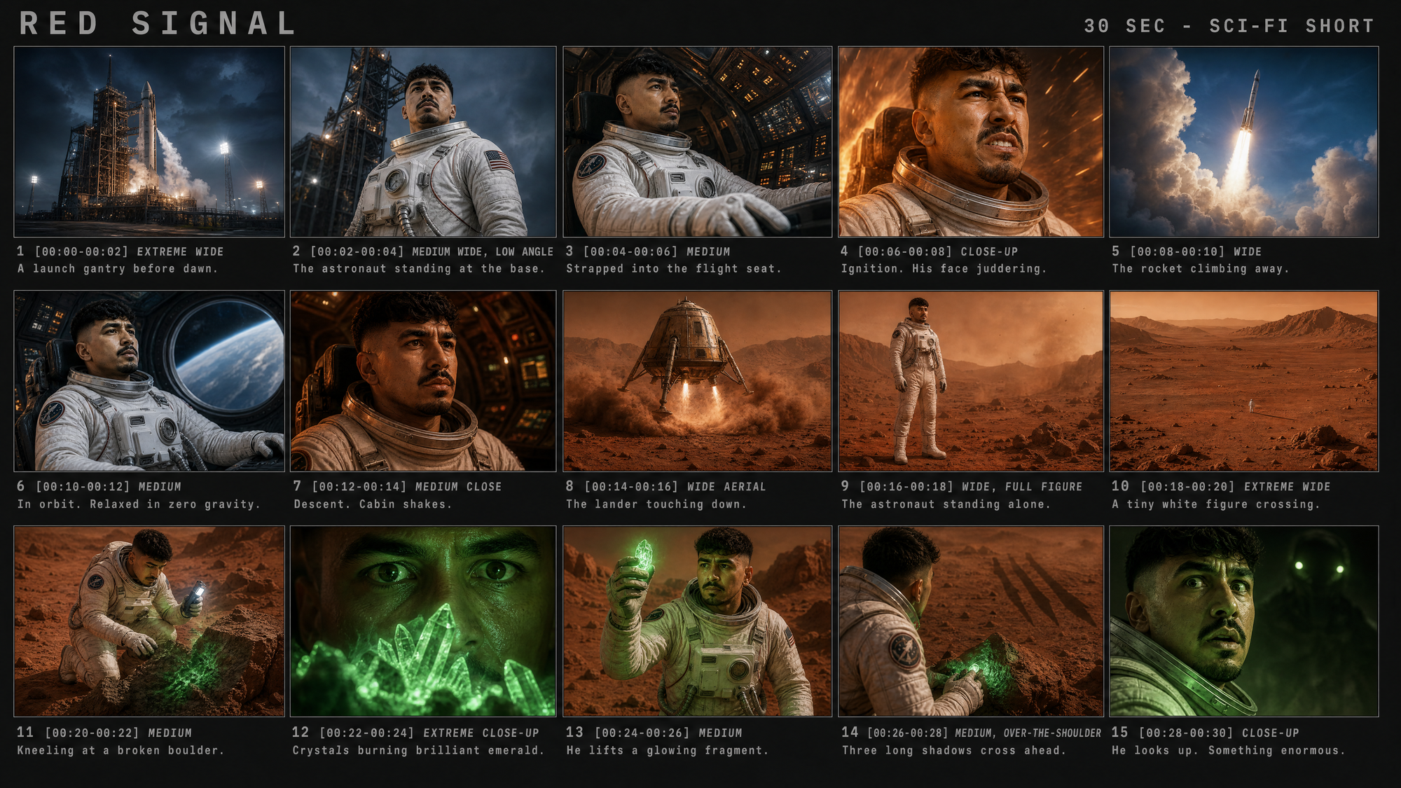 15-panel cinematic storyboard showing an astronaut traveling from a rocket launch to the surface of Mars