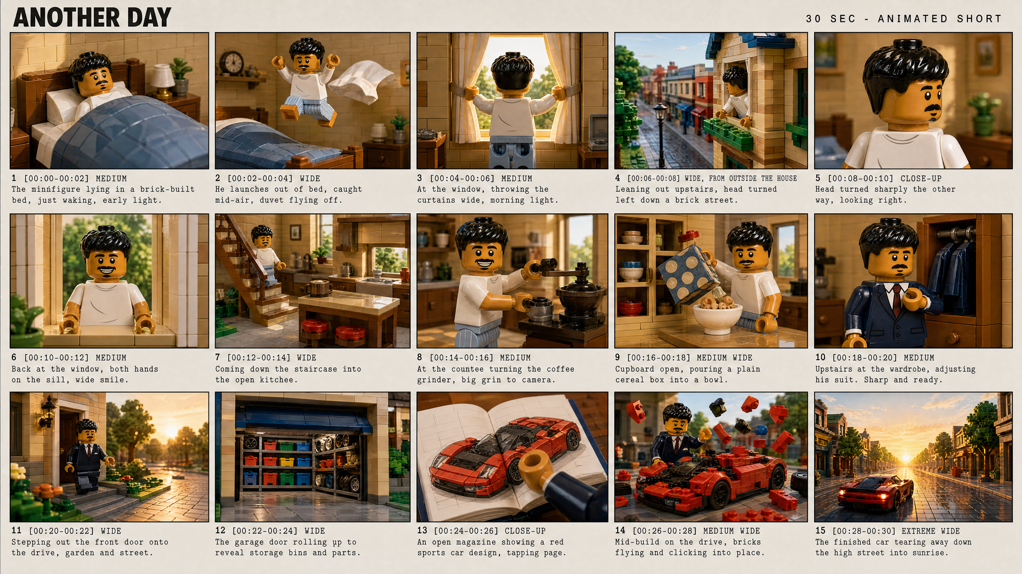 15-panel toy brick storyboard showing a character getting ready and driving through a city