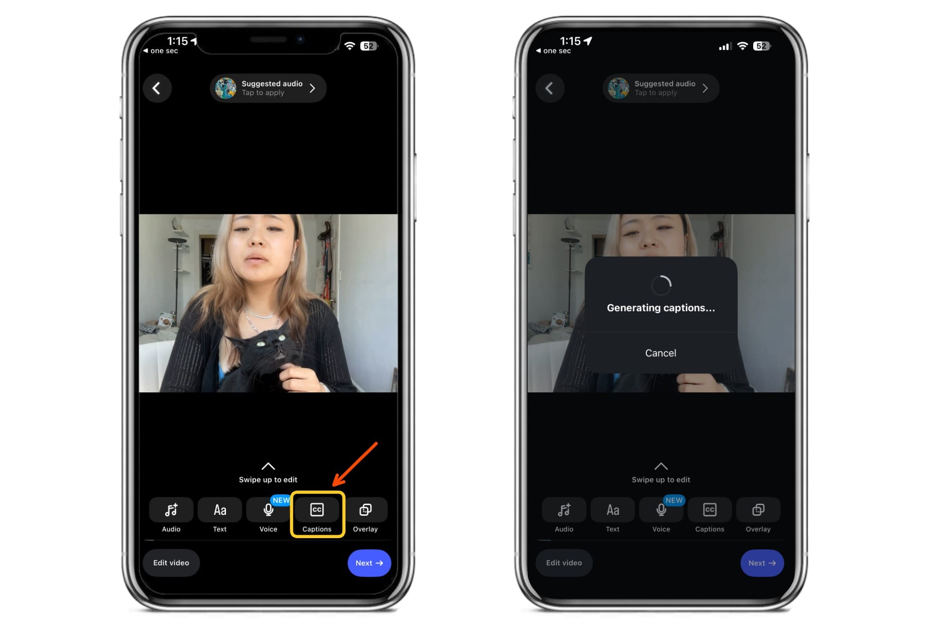 Instagram Reel editor showing the Captions tool and automatic caption generation for adding subtitles to an Instagram Reel.