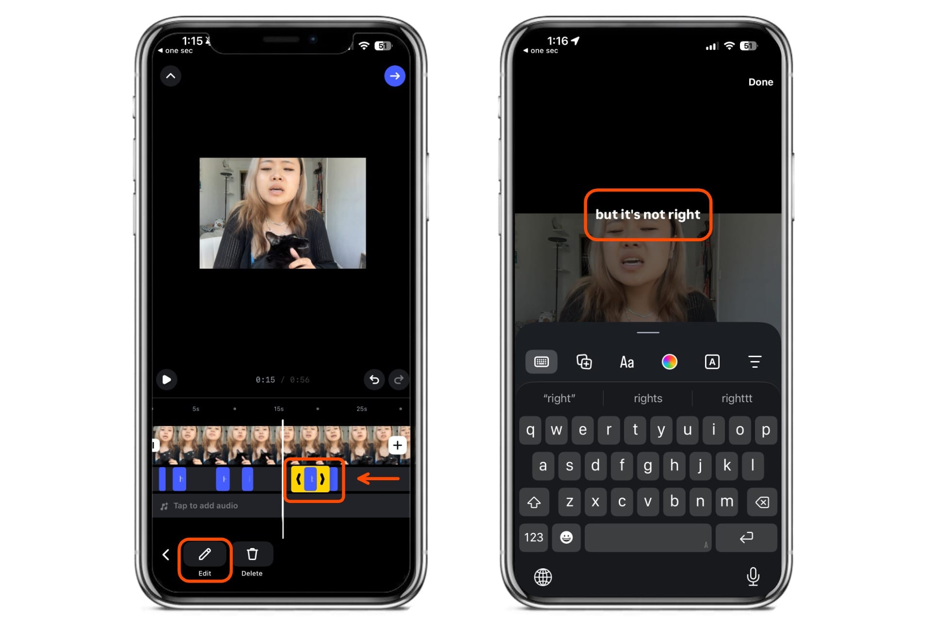 Instagram Reel caption editor showing how to edit automatically generated subtitles and correct transcription errors before posting.
