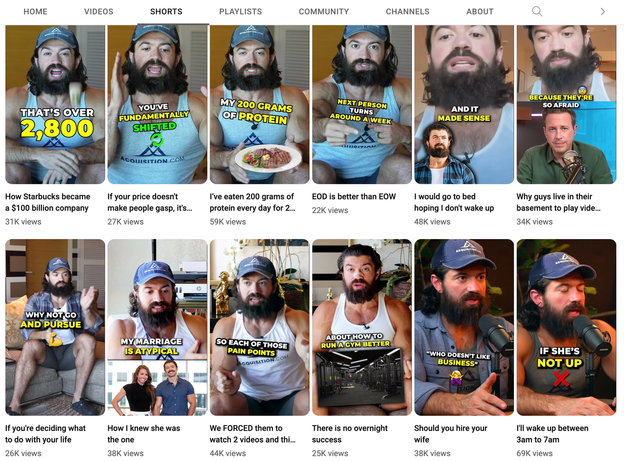 Examples of Alex Hormozi's TikTok videos featuring bold all-caps subtitles with highlighted keywords.