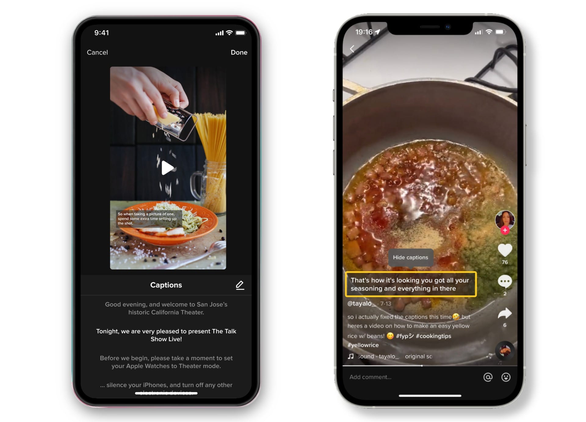 TikTok Auto Captions editor showing automatically generated subtitles before publishing alongside a TikTok video with the option to hide captions during playback.