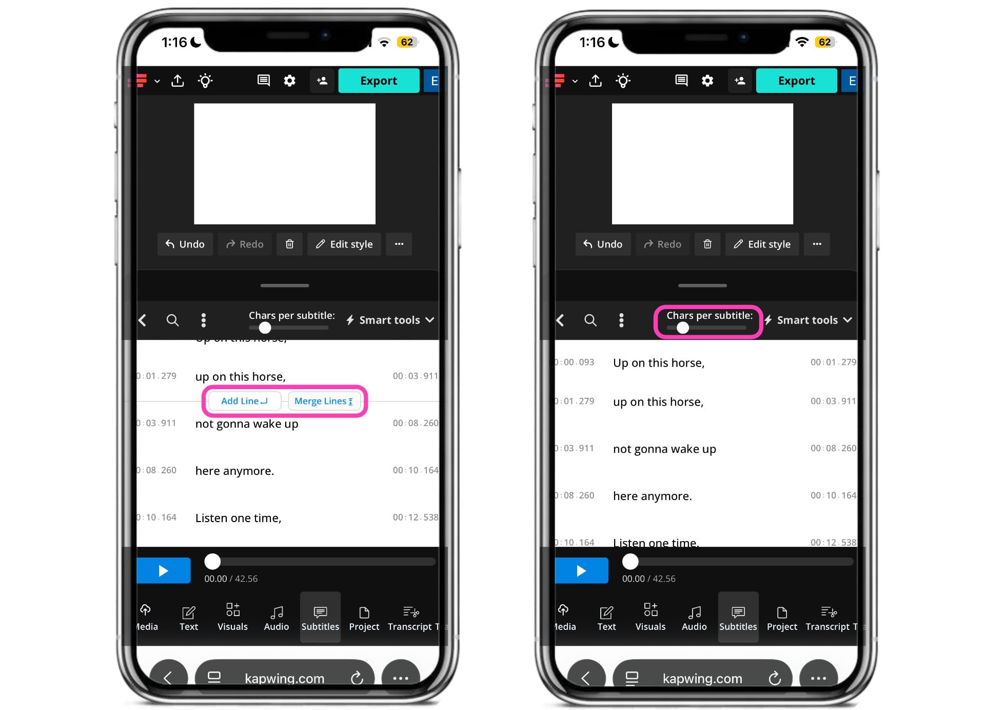 Using Kapwing's subtitle editor to split, merge, and adjust the length of subtitles.
