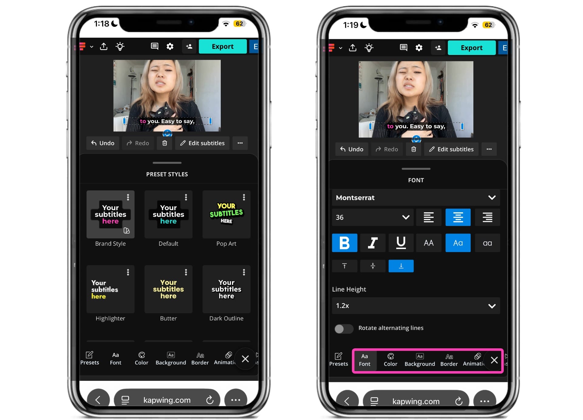 Customizing subtitle fonts, colors, animations, and templates in Kapwing's subtitle editor.