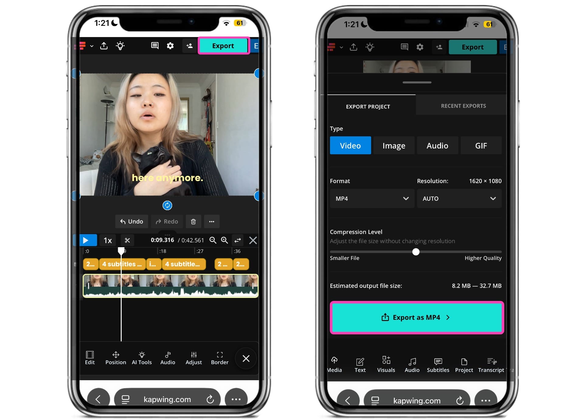 Exporting a TikTok video with burned-in subtitles from Kapwing.
