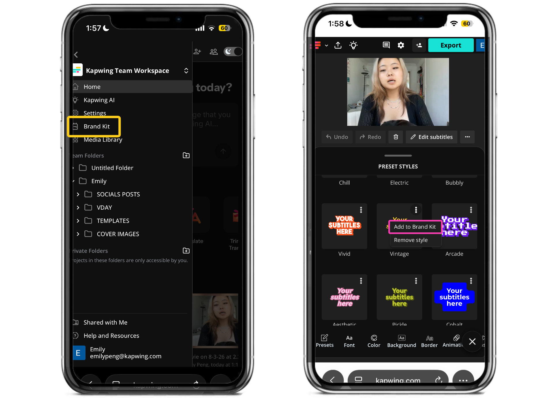 Saving a custom subtitle style to Kapwing's Brand Kit for consistent branding across TikTok videos.