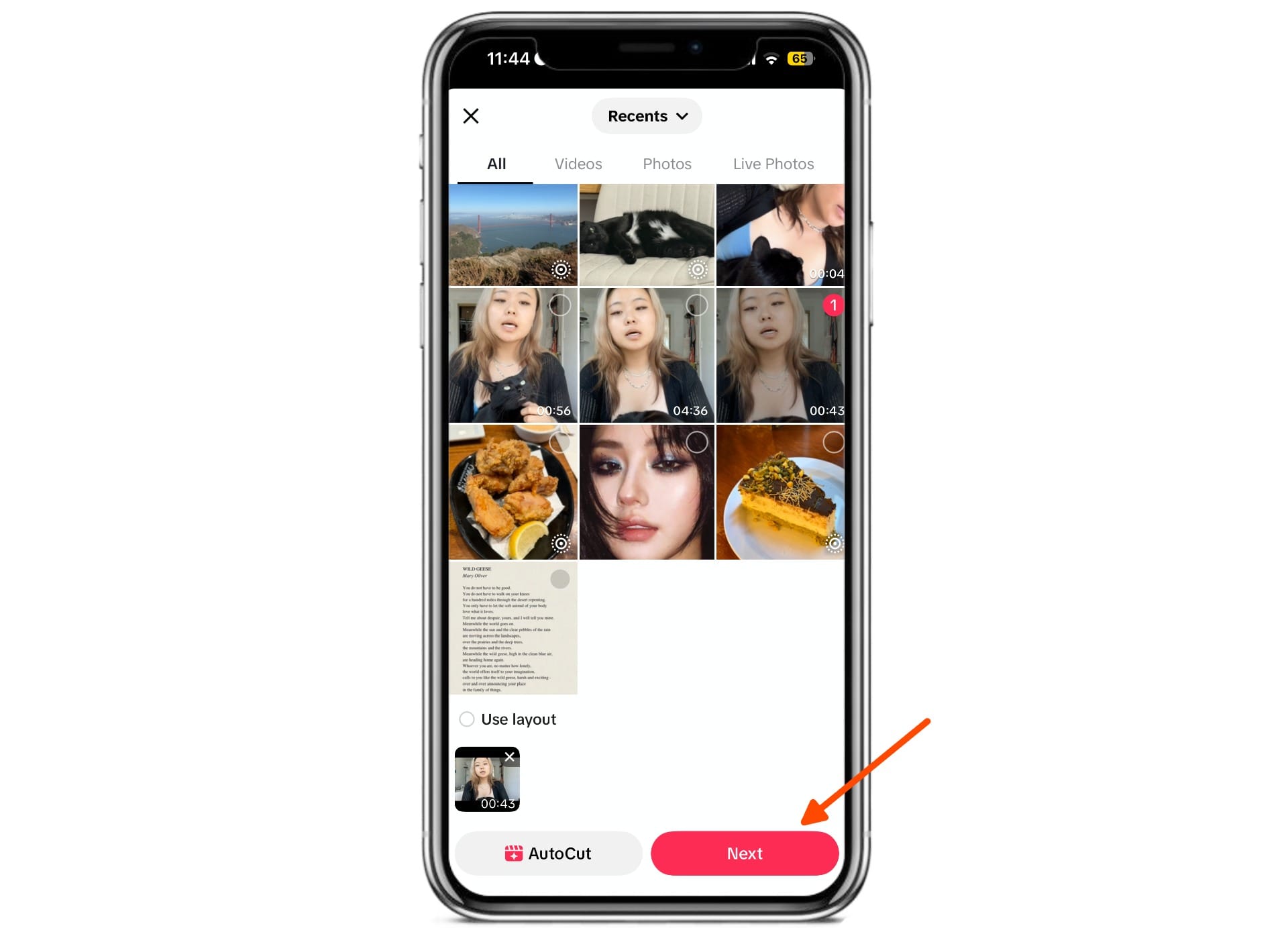 TikTok upload screen showing a creator selecting a video from their camera roll before adding subtitles.