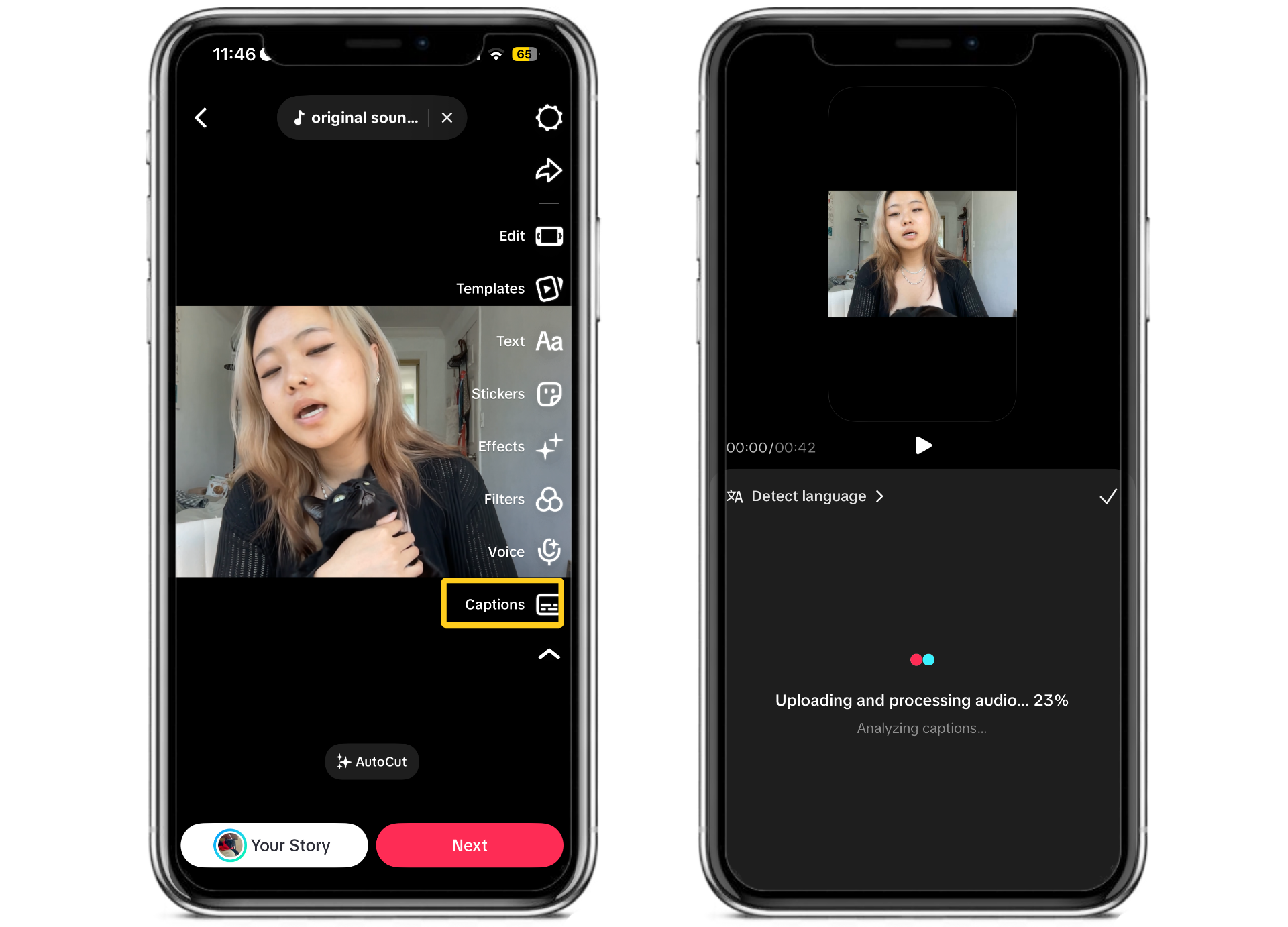 TikTok Auto Captions feature generating subtitles from spoken audio during the video editing process.