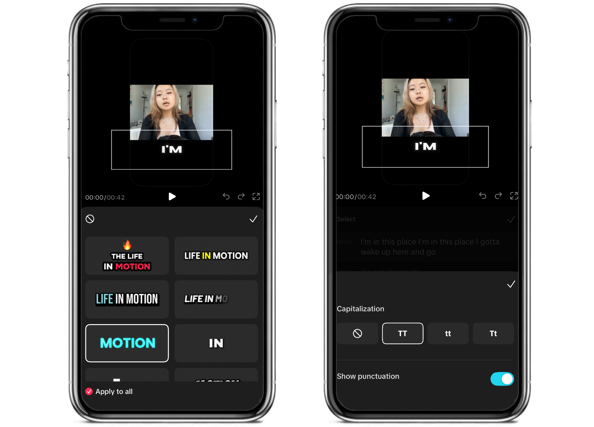 TikTok subtitle style editor showing font styles and capitalization options for customizing Auto Captions.