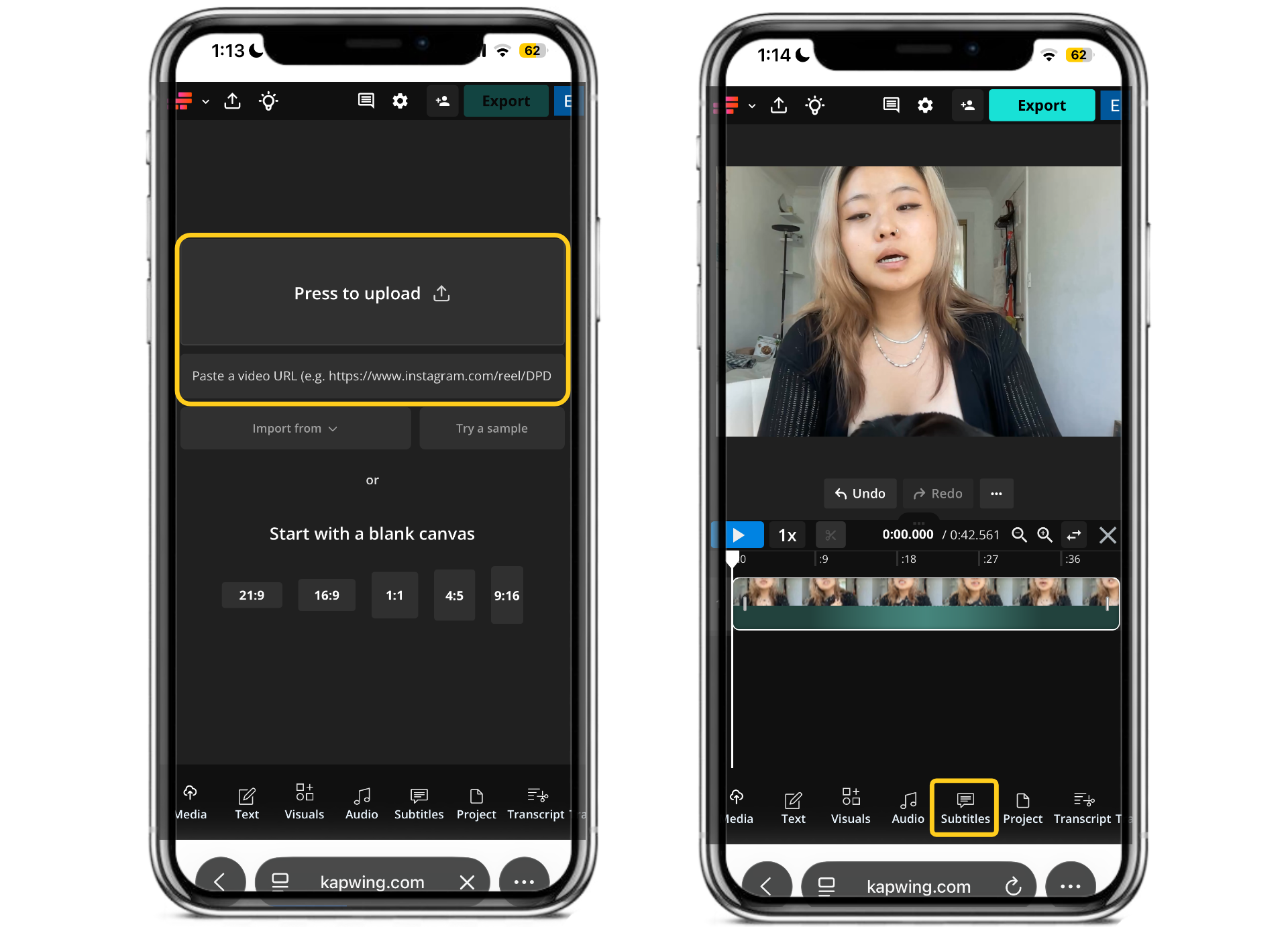 Uploading a TikTok video to Kapwing and opening the AI Subtitles tool to create custom subtitles.