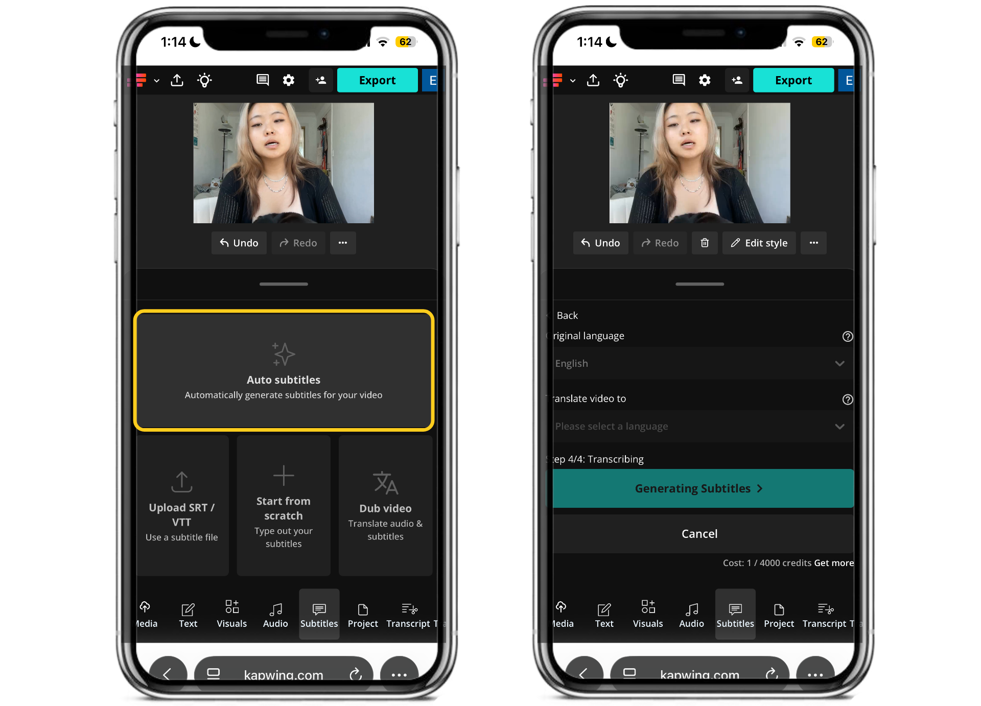 Generating AI subtitles in Kapwing by selecting the video's spoken language.