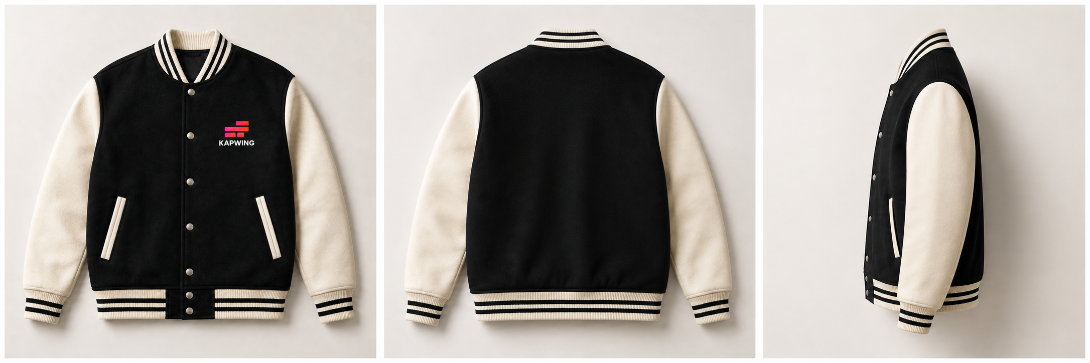 Product reference collage showing front, back, and side views of a varsity jacket to improve product consistency across AI-generated video shots.