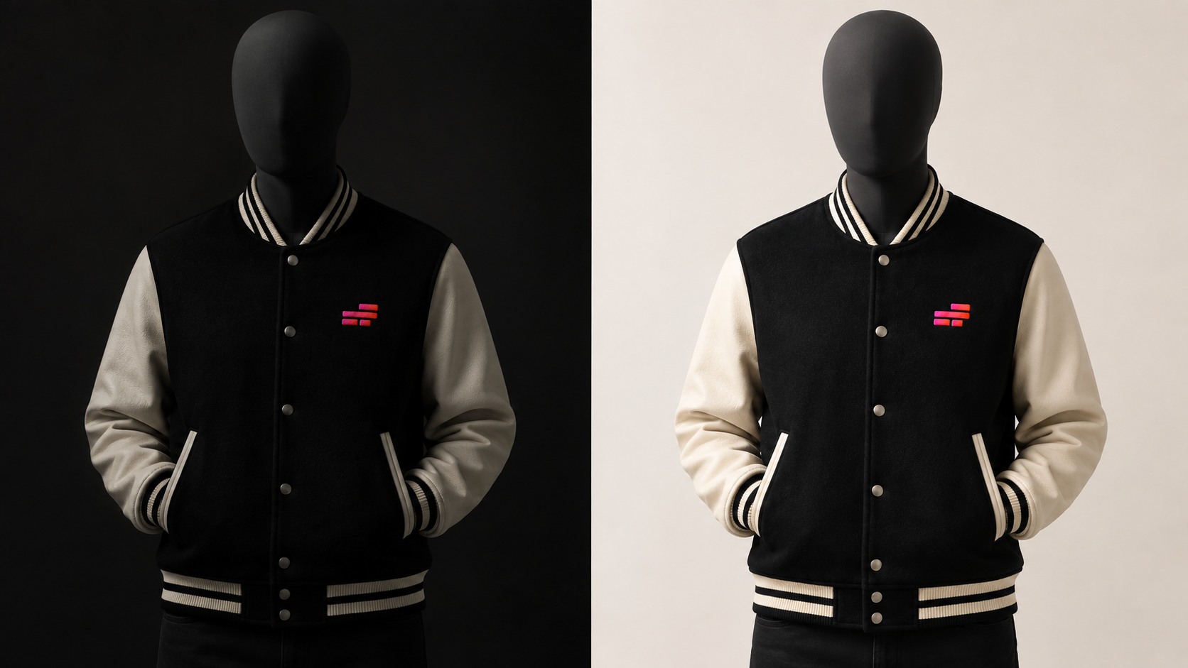 Side-by-side comparison of a black varsity jacket against dark and light backgrounds, demonstrating how background contrast improves product visibility in AI product ads.