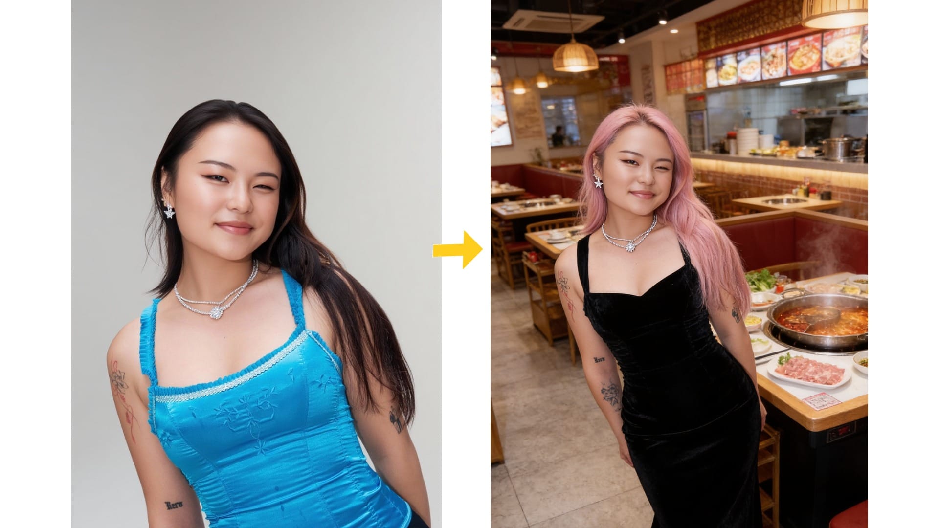 Before-and-after MiniMax H3 AI video reference example showing the same woman with preserved facial identity in a new outfit and restaurant setting.