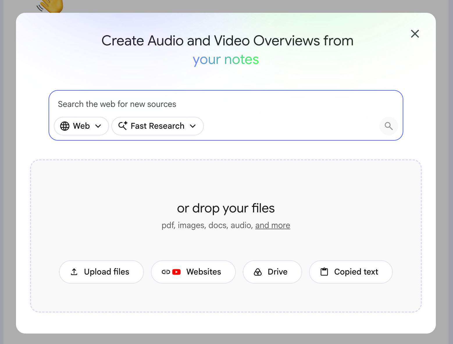 Gemini Notebook add sources menu showing web research, file upload, websites, Google Drive, and copied text options