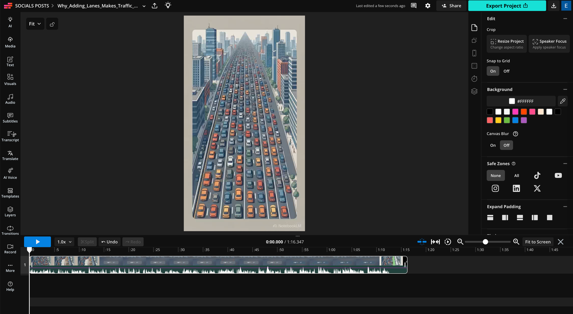 NotebookLM Video Overview uploaded to the Kapwing video editor for further editing and customization