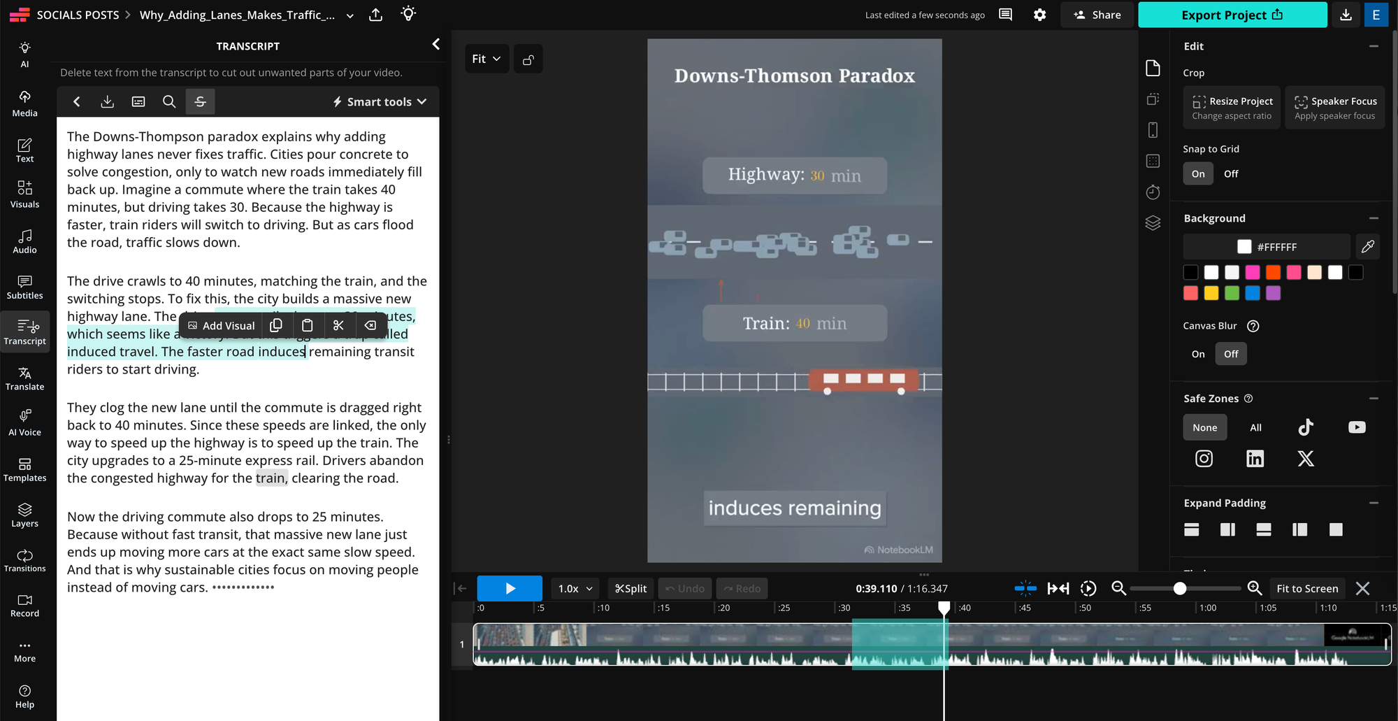 Kapwing transcript-based video editor used to trim and edit a NotebookLM Video Overview by editing its transcript