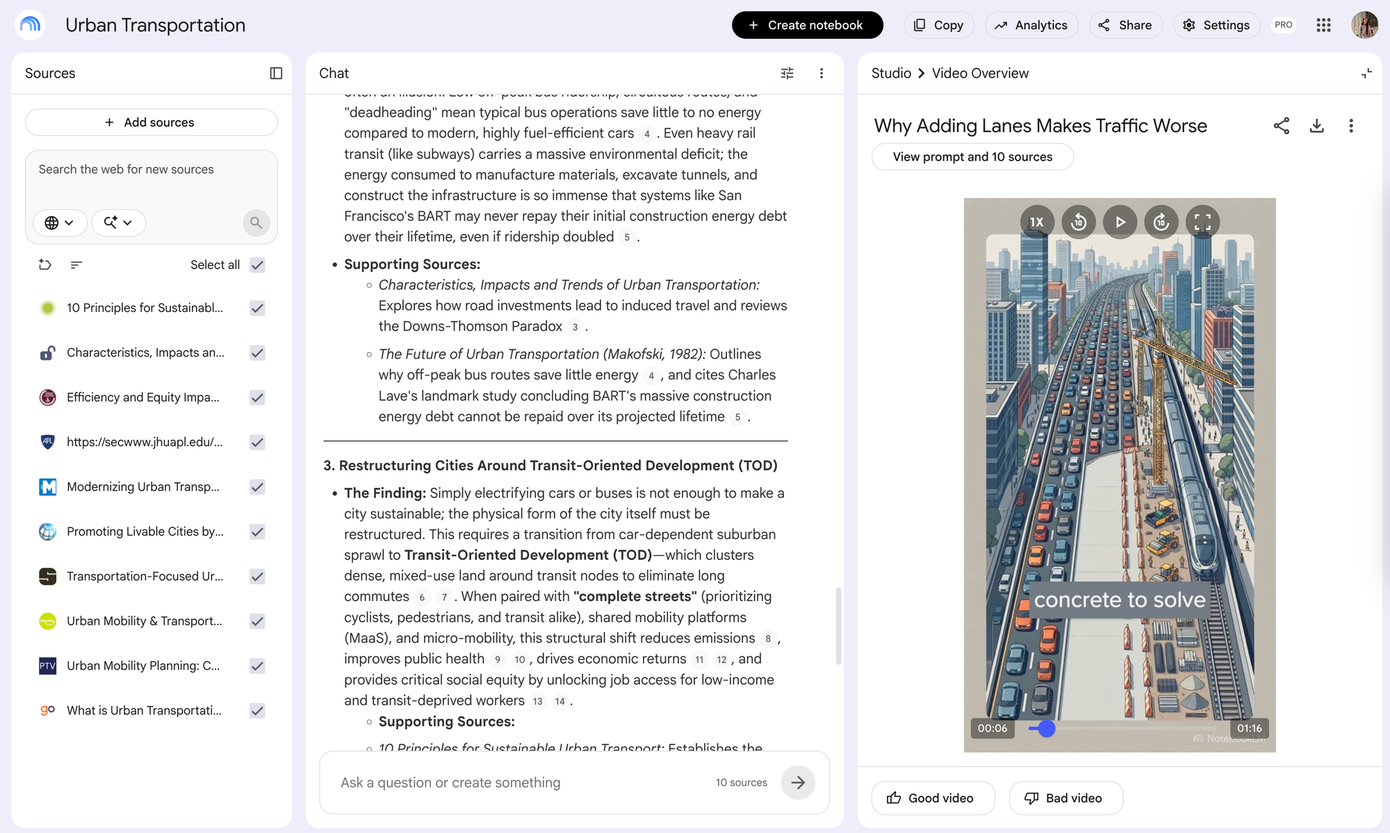 Gemini Notebook interface showing sources, research chat, and an AI-generated NotebookLM Video Overview in the Studio panel.