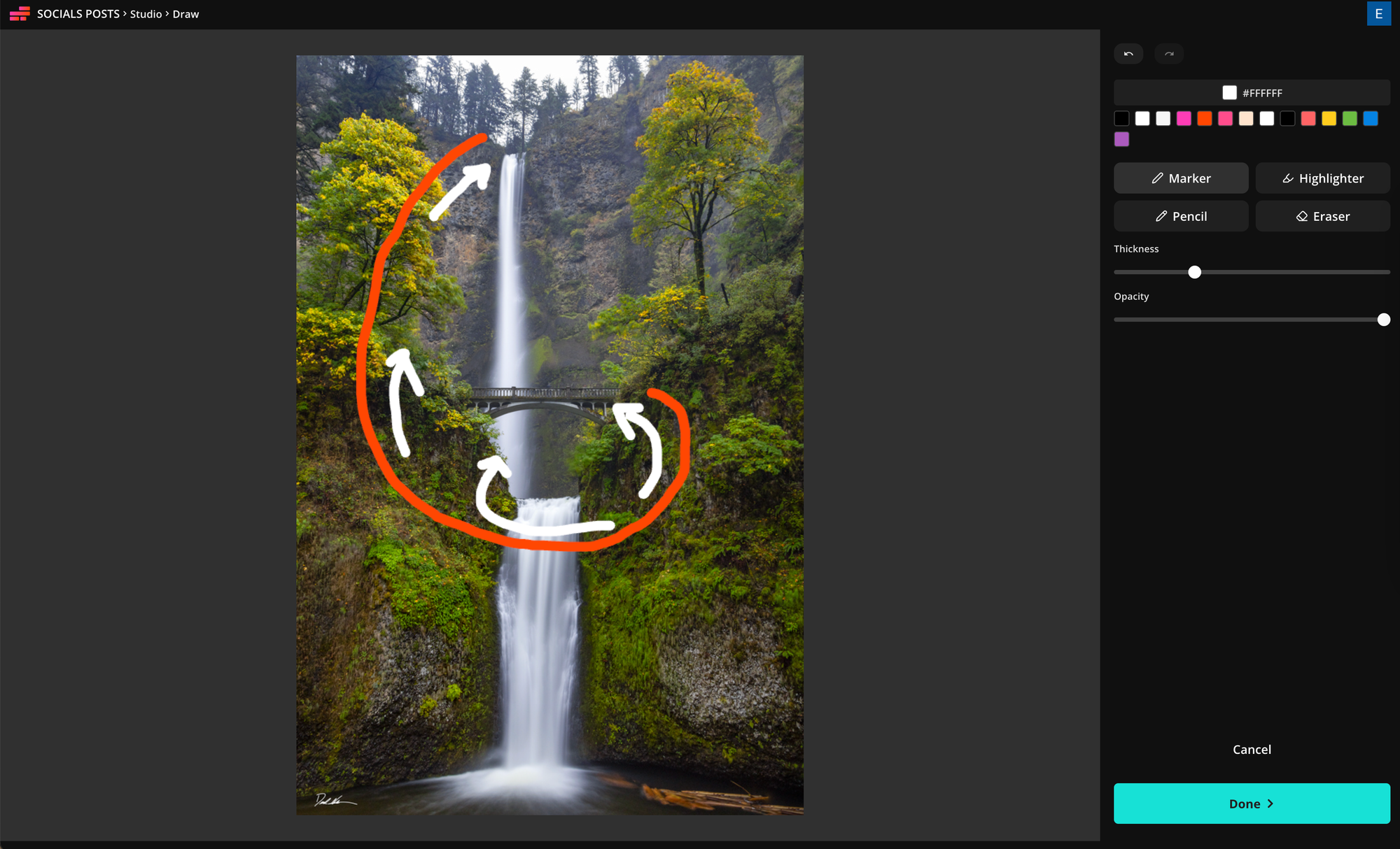 Waterfall image annotated with a red AI drone flight path and white arrows showing camera viewing direction in Kapwing.