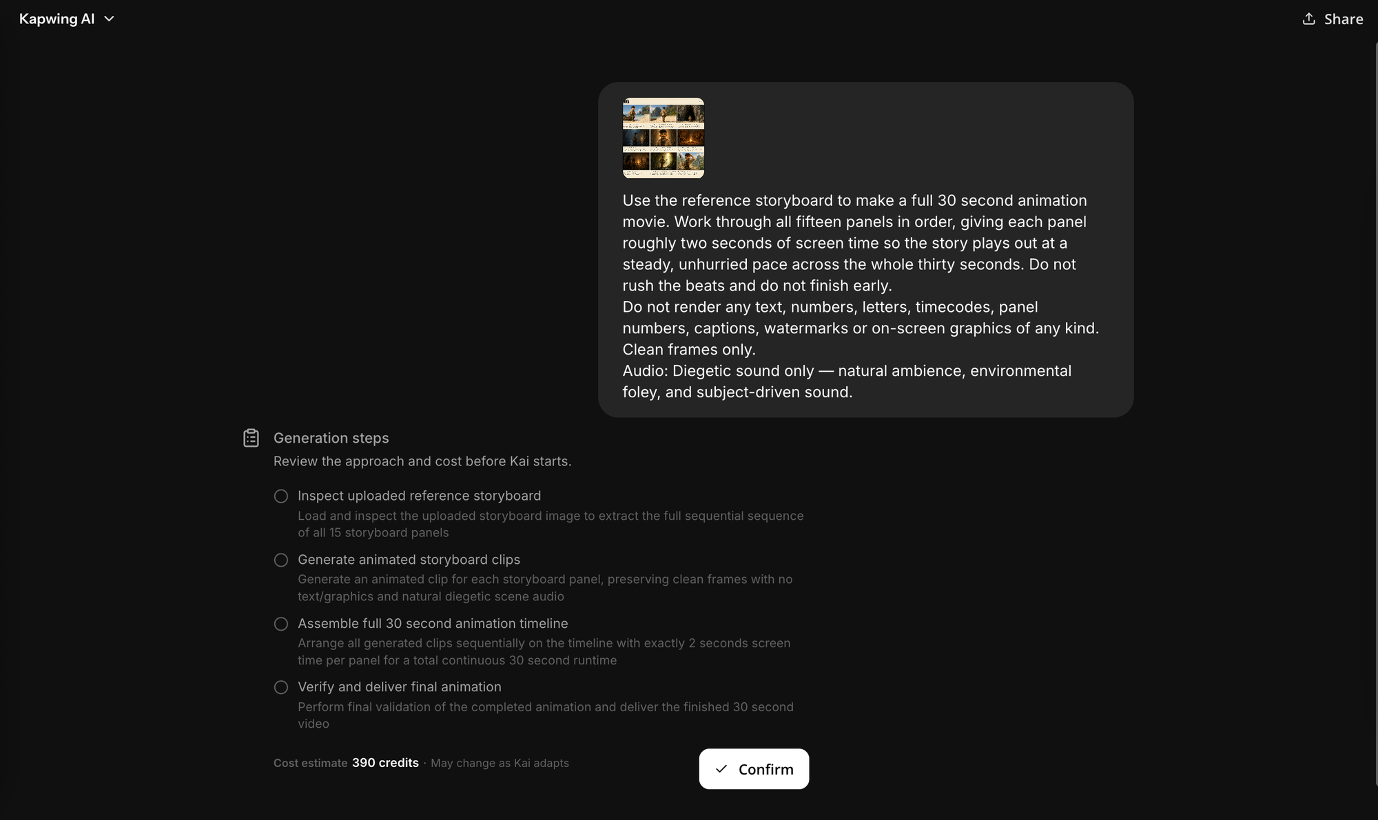 Kapwing AI interface using a storyboard reference and prompt to generate a 30-second video with Seedance 2.5