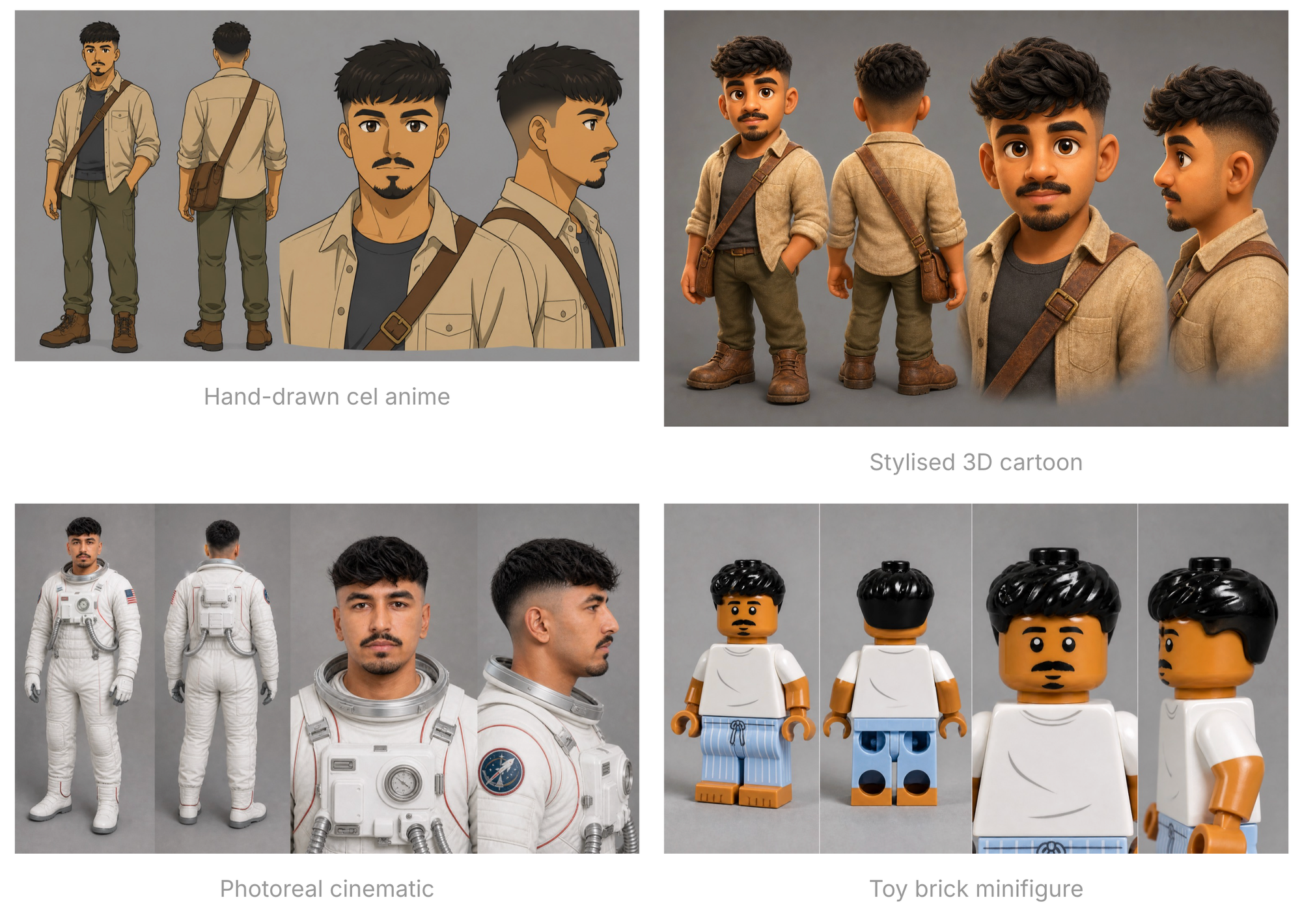 AI character sheets showing the same character in cel anime, stylized 3D cartoon, photorealistic cinematic, and toy brick styles