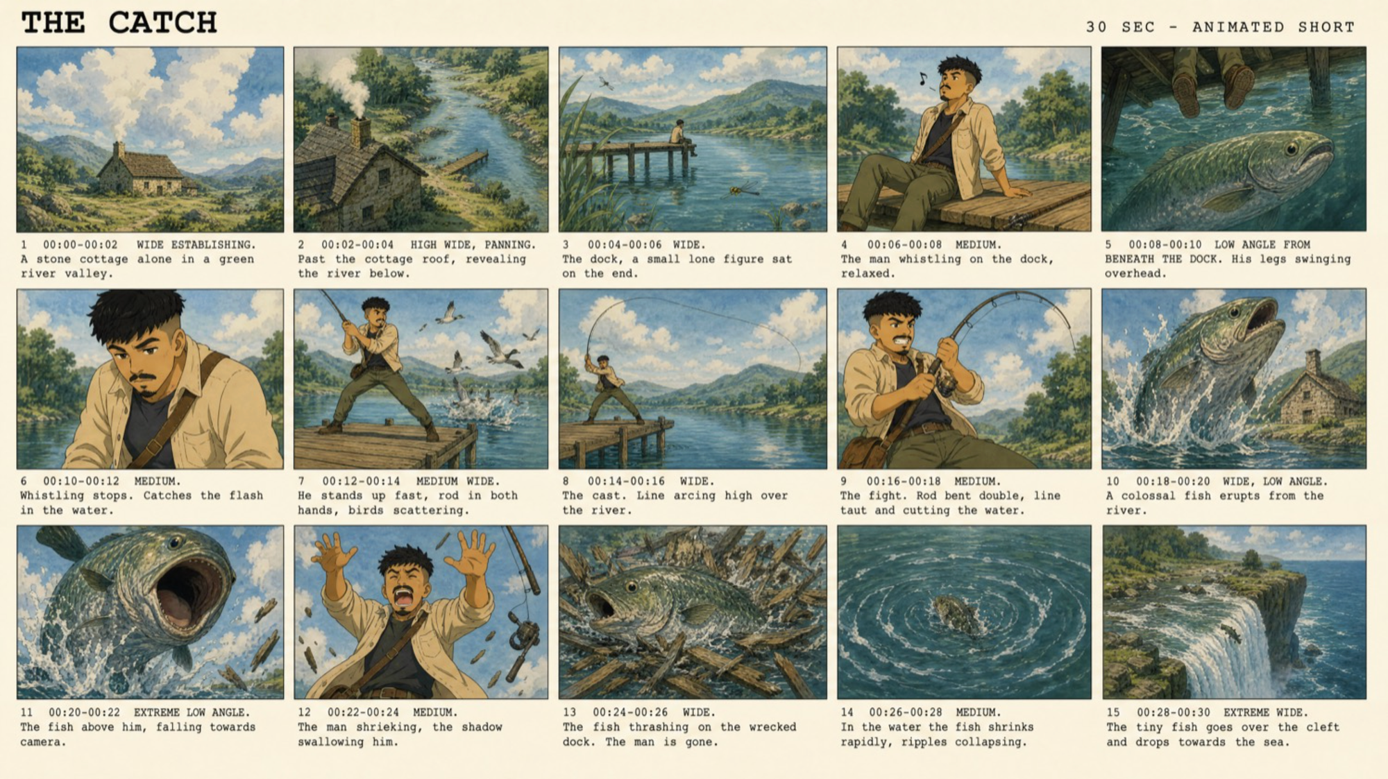 15-panel hand-drawn anime storyboard showing a fisherman catching a giant fish