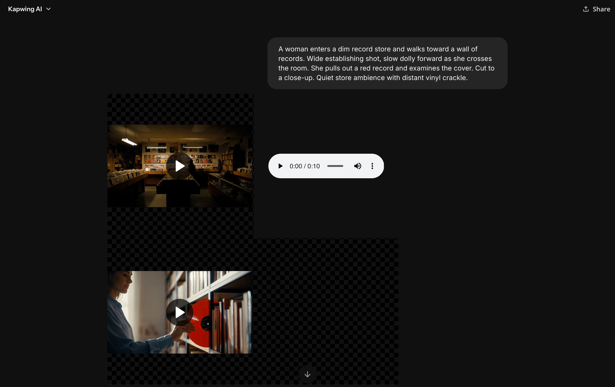 Seedance 2.5 text-to-video result in Kapwing showing generated record store video clips and audio from a text prompt