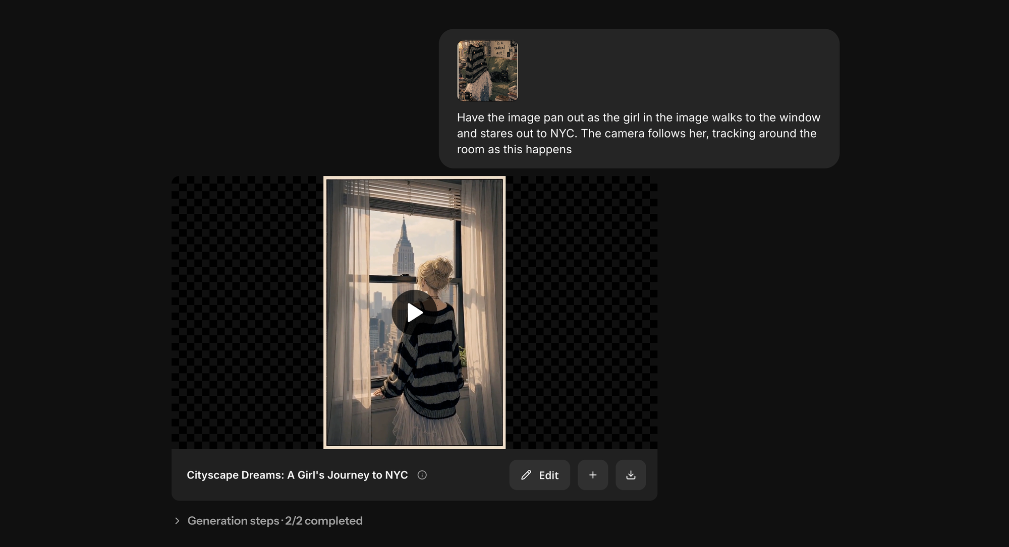 Kapwing AI image-to-video example using a character reference image and prompt to generate a Seedance 2.5 animated video