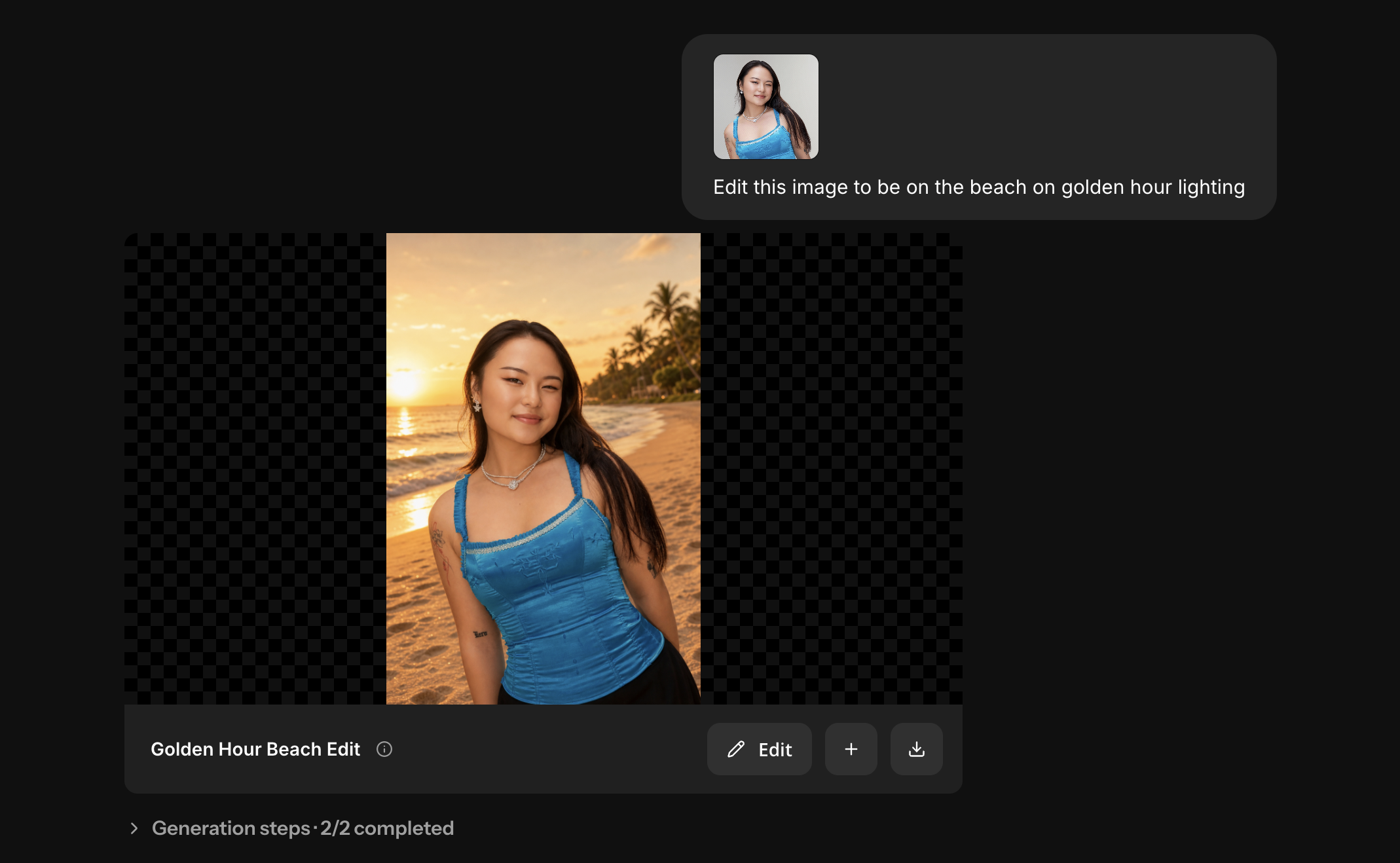 Kapwing AI editing example showing a portrait transformed into a golden-hour beach scene using a text prompt