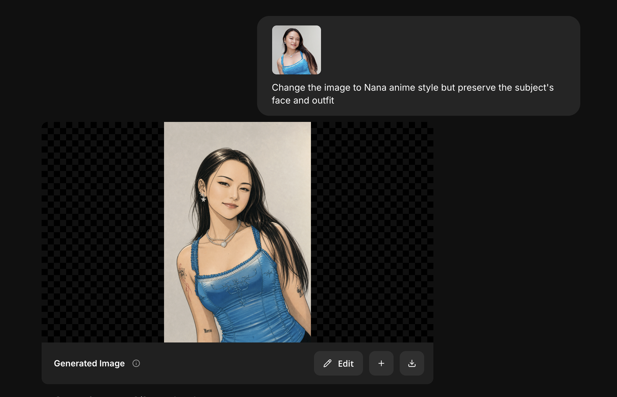 Kapwing AI image editing example using a prompt to change a portrait to anime style while preserving the subject's face and outfit