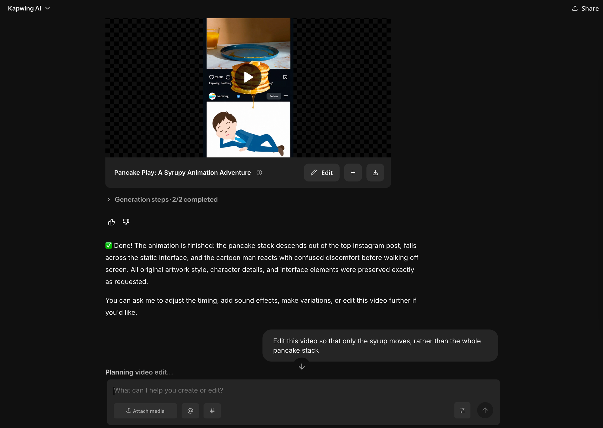 AI-generated food drip animation in Kapwing Kai showing an element moving between two Instagram posts.