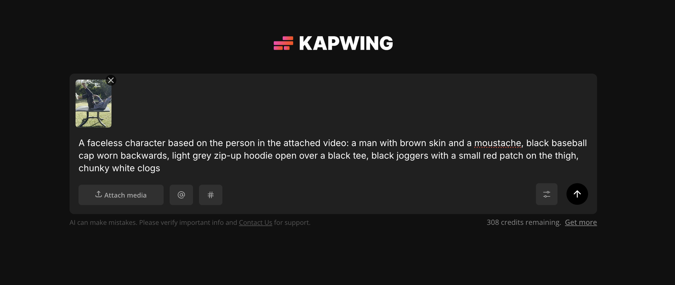 Kapwing AI prompt interface showing a faceless character description used to generate a consistent falling character for an Instagram scrolling effect tutorial.