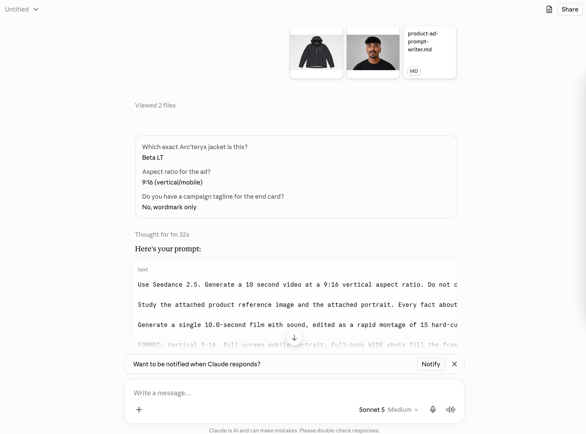 Claude generating a 10-second Seedance 2.5 AI product commercial prompt from a product image, model portrait, and custom Product Ad Prompt Writer skill.