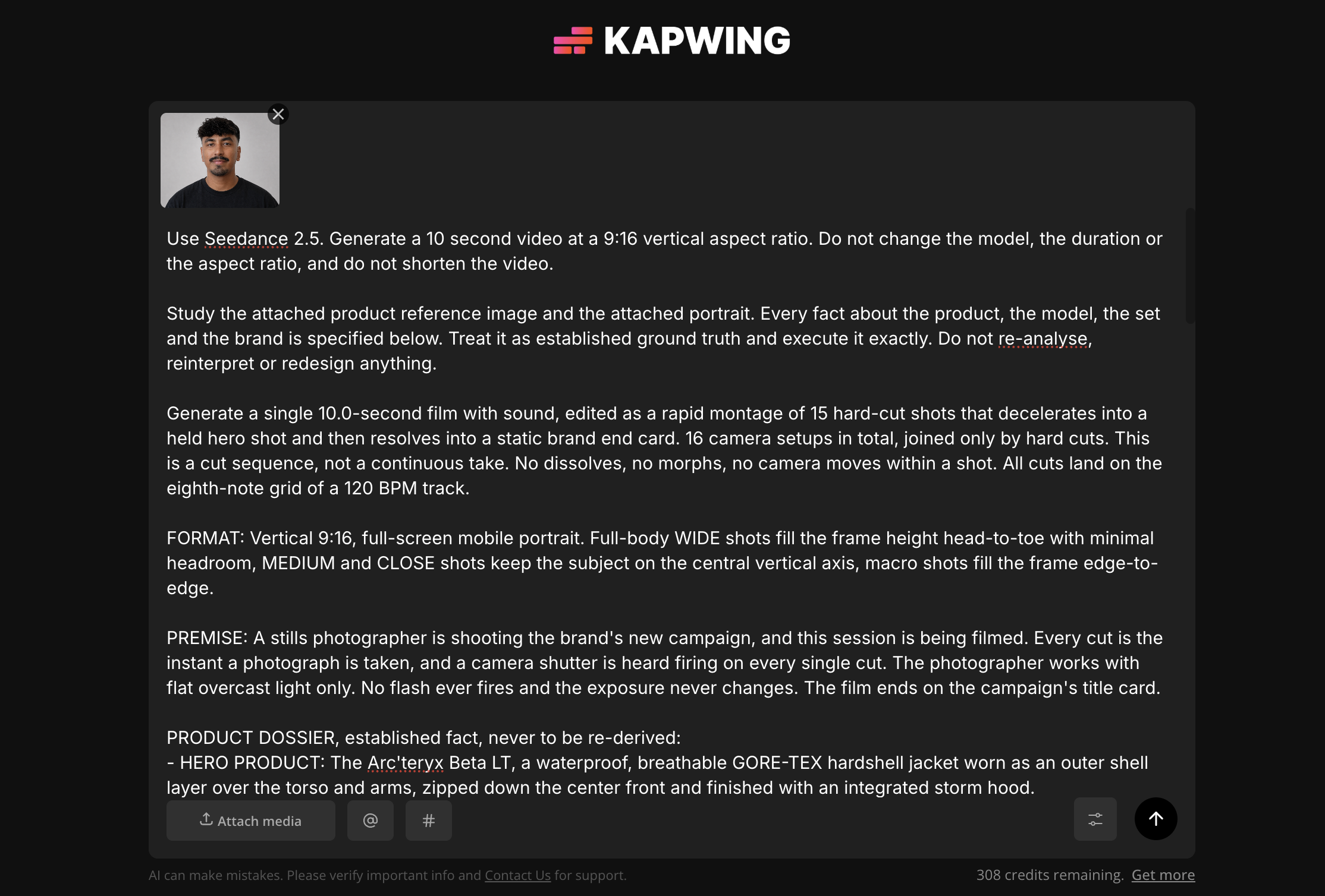 Kapwing AI interface showing a detailed Seedance 2.5 prompt for generating a 10-second vertical AI product ad from product and identity reference images.