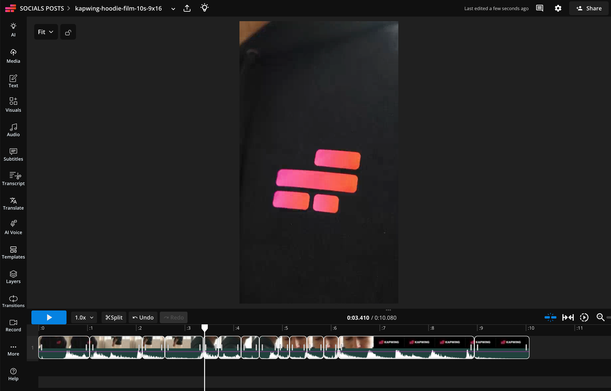 Kapwing Studio editing timeline with a generated vertical AI product commercial, used to refine pacing, branding, and final video edits after Seedance 2.5 generation.