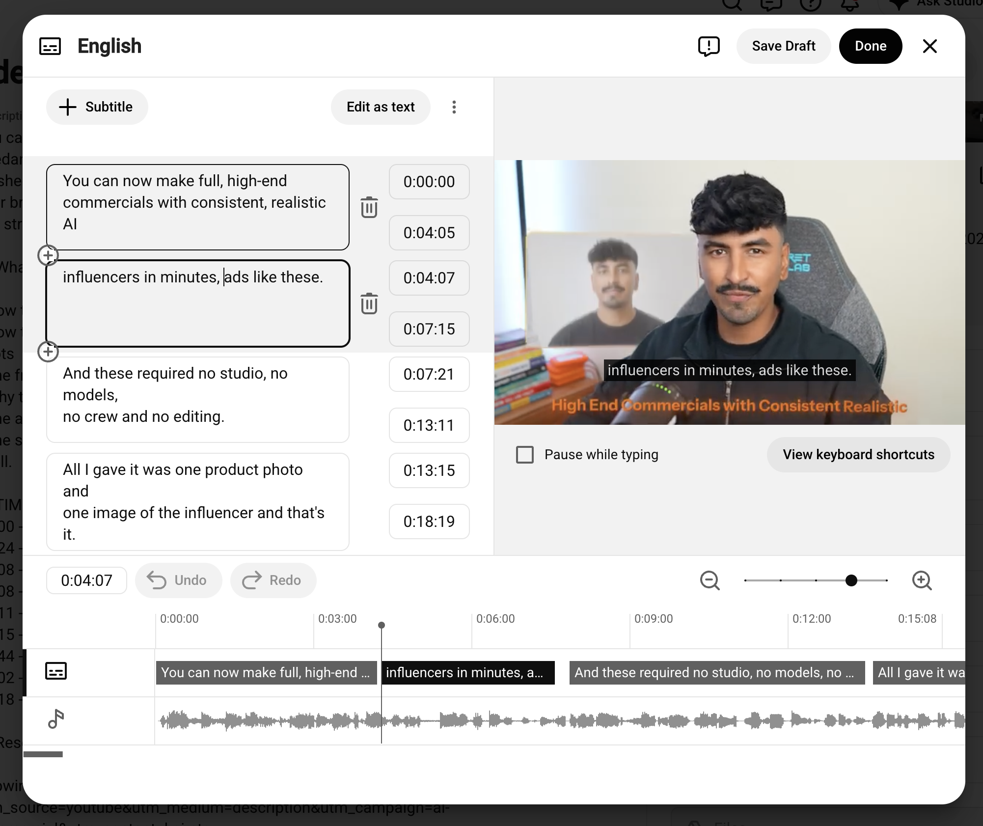 YouTube Studio subtitle editor showing an automatic caption transcript, timestamps, video preview, and tools for editing YouTube subtitles.