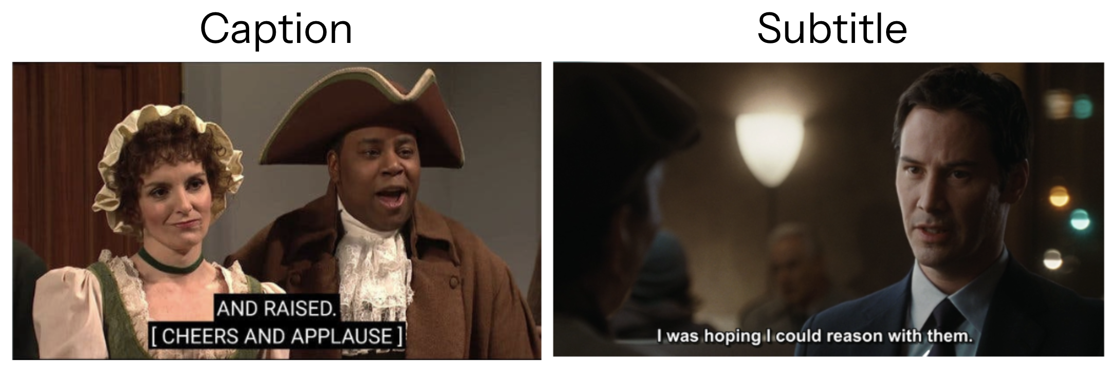 Side-by-side example comparing closed captions and subtitles, with captions showing dialogue and sound effects and subtitles displaying translated spoken dialogue.