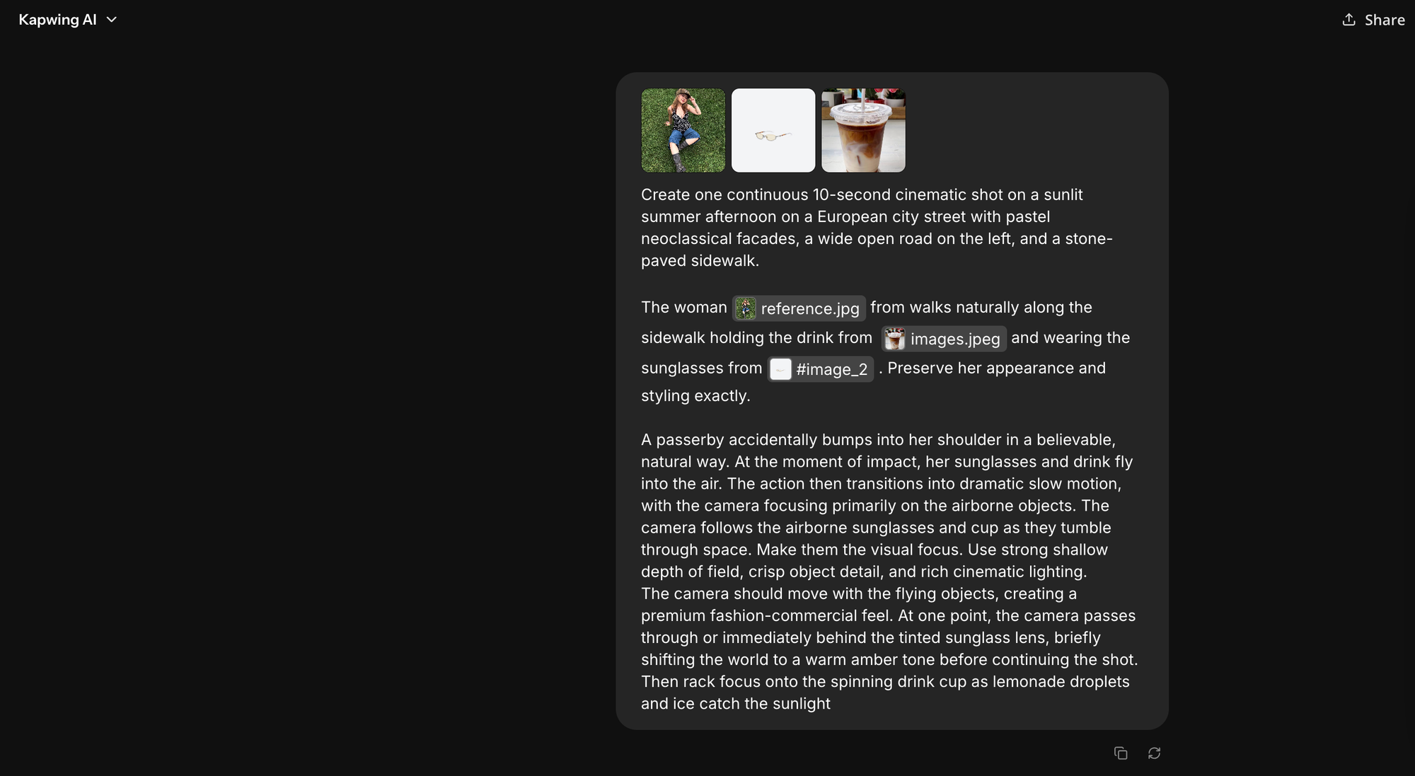MiniMax H3 prompt example in Kapwing showing multiple image references assigned to a subject, product, and scene for AI video generation.