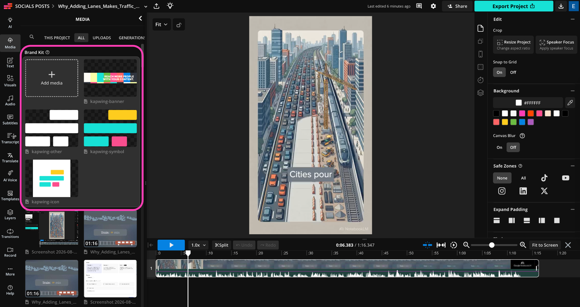 Kapwing video editor showing Brand Kit assets for customizing the branding and visual style of a Gemini Notebook Video Overview.