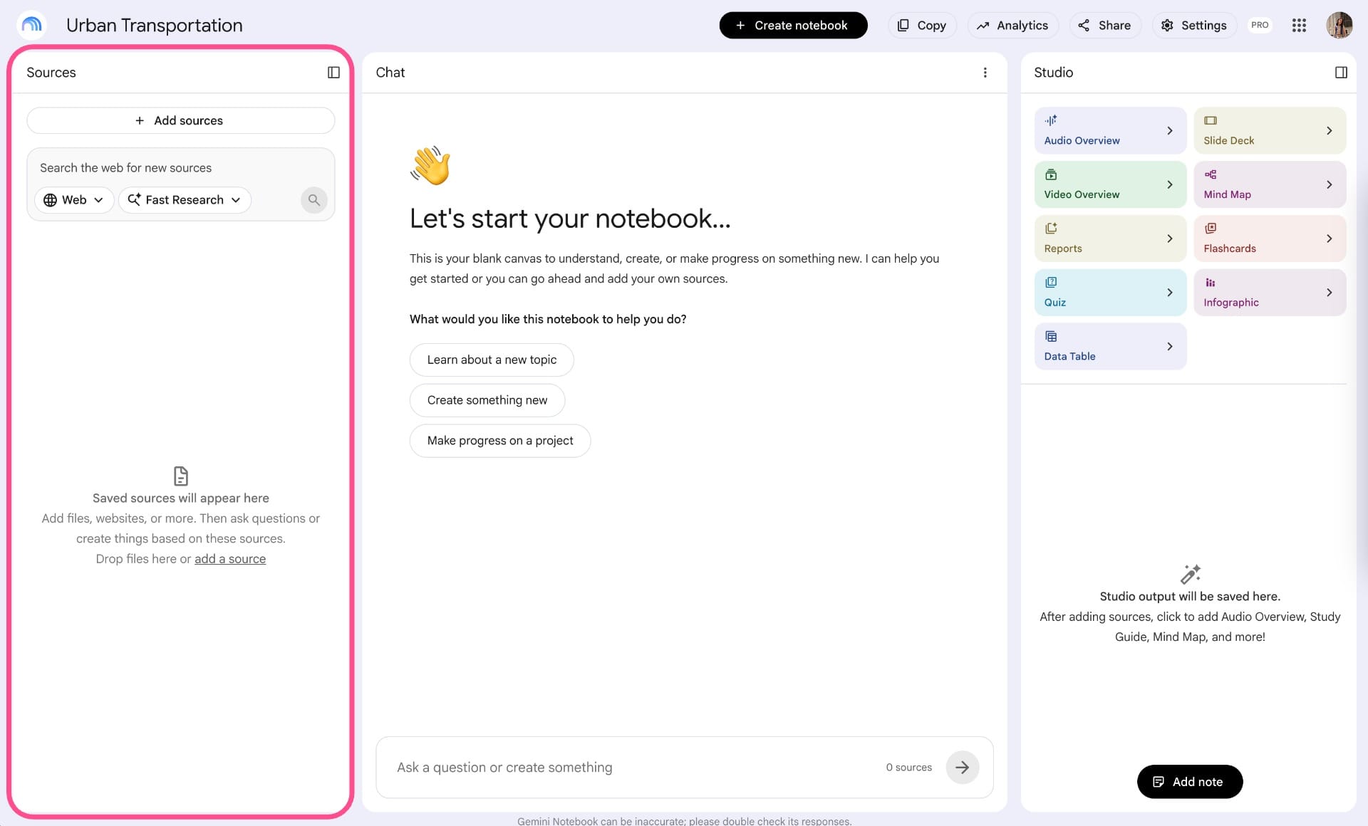 Gemini Notebook Sources panel where users add research sources for a NotebookLM Video Overview