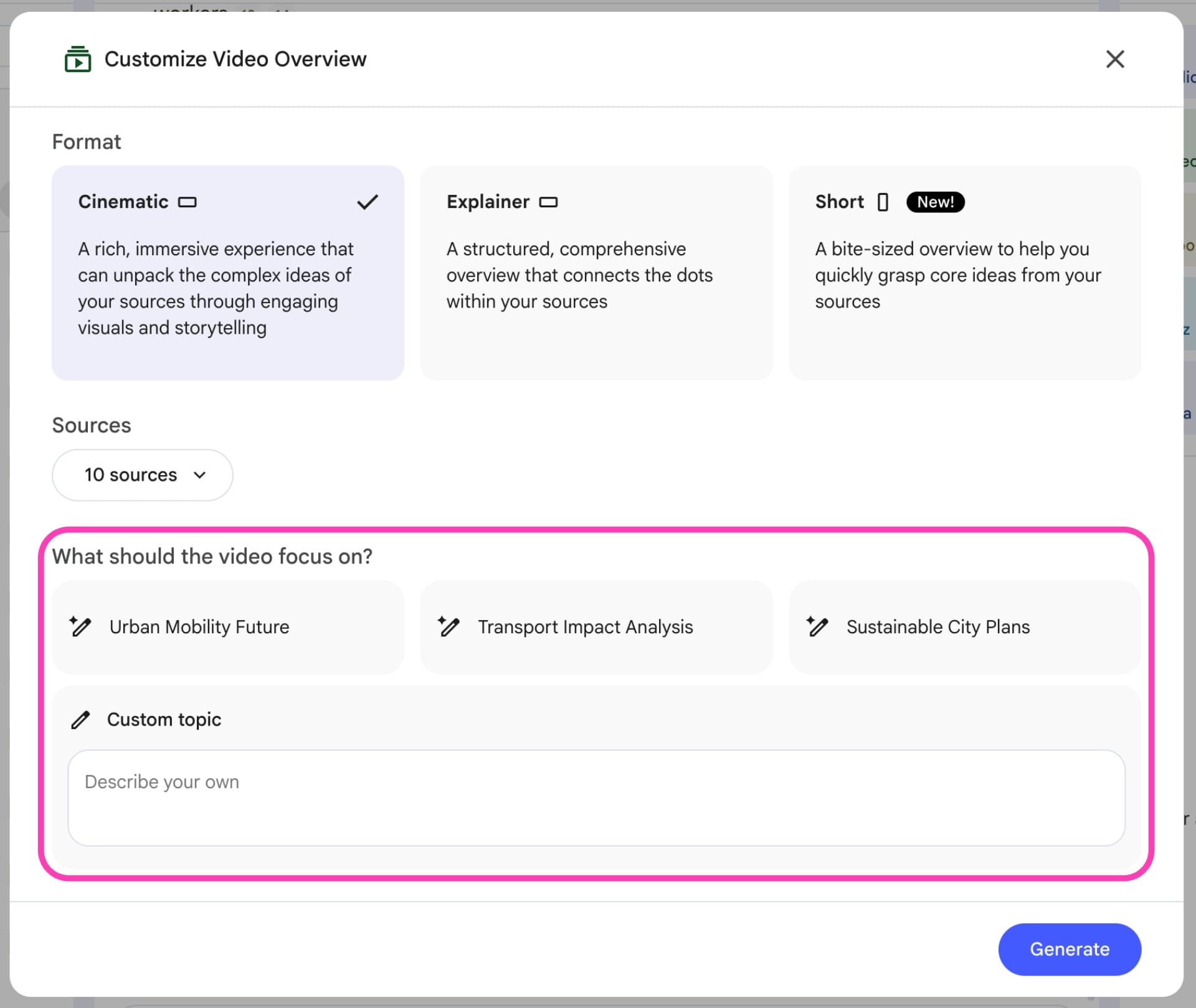 Gemini Notebook Video Overview topic selector showing suggested topics and a custom topic field for AI video creation