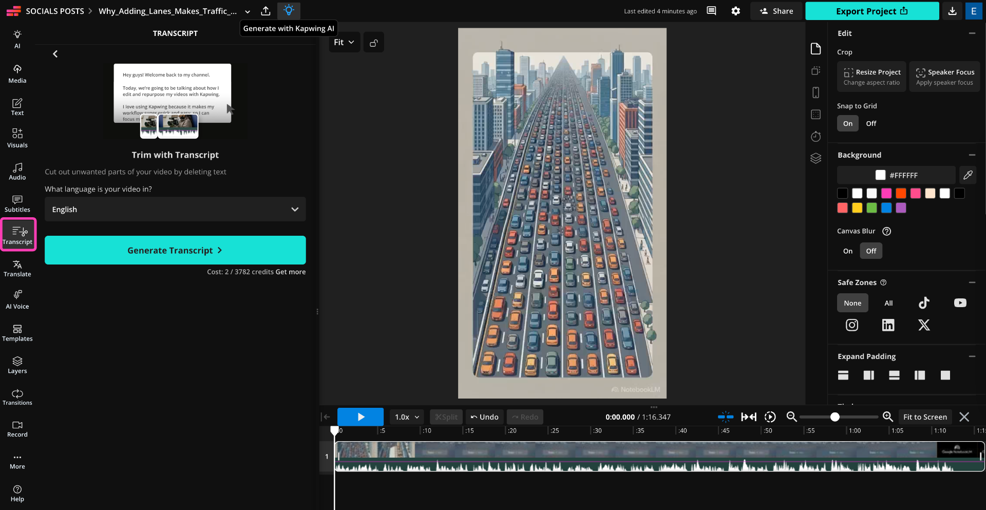 Kapwing Trim with Transcript tool generating a transcript to edit a Gemini Notebook Video Overview