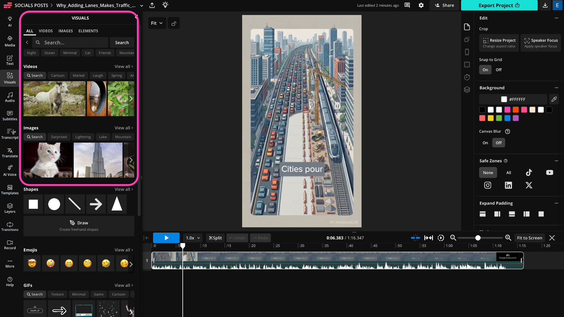 Kapwing Visuals panel for replacing AI-generated visuals and adding B-roll to a Gemini Notebook video