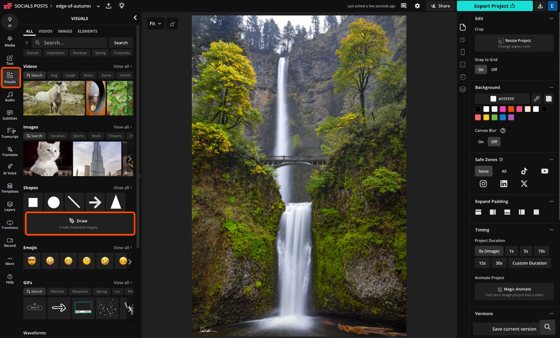 Kapwing video editor showing the Draw tool used to create a custom AI drone flight path over a waterfall image.