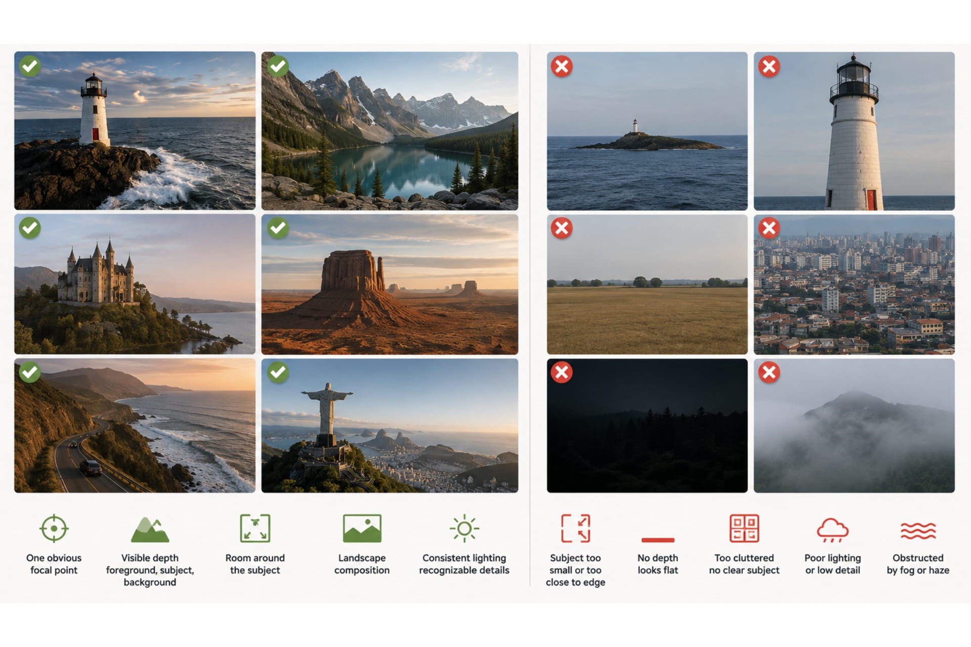 Examples of good and bad starting images for creating an AI drone shot, comparing clear focal points, depth, composition, lighting, and subject framing.